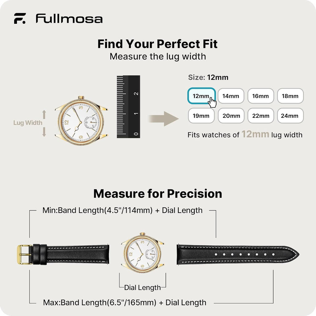 Fullmosa Watch Band, Quick Release Leather Watch Strap Compatible with Samsung Galaxy Garmin for Men Women, Replacement Bands Width 12mm 14mm 16mm 18mm 19mm 20mm 21mm 22mm 24mm