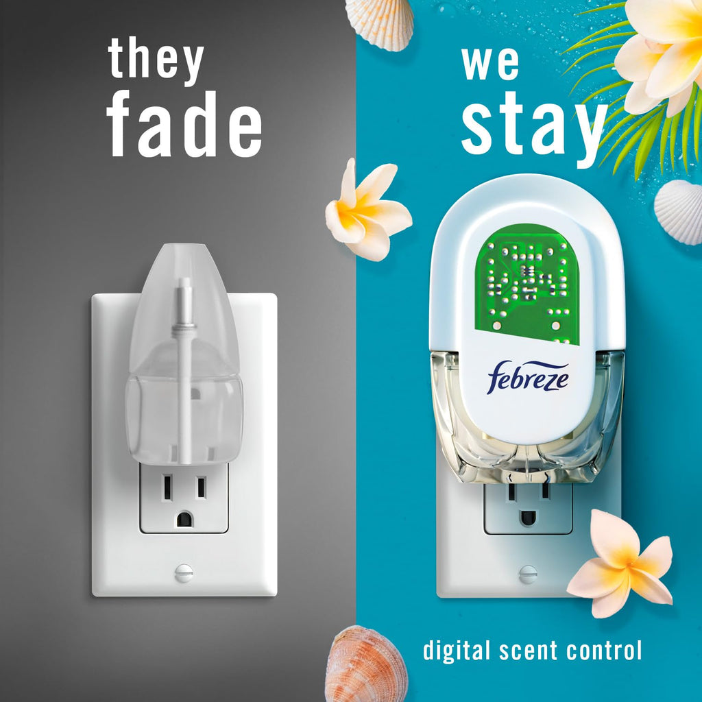 Febreze Plug in Air Freshener, Odor-Fighting Scented Oil Starter Kit, Air Fresheners for Home and Bathroom and Kitchen, Long Lasting for Strong Odors, Ocean Scent, Warmer + 2 Refill