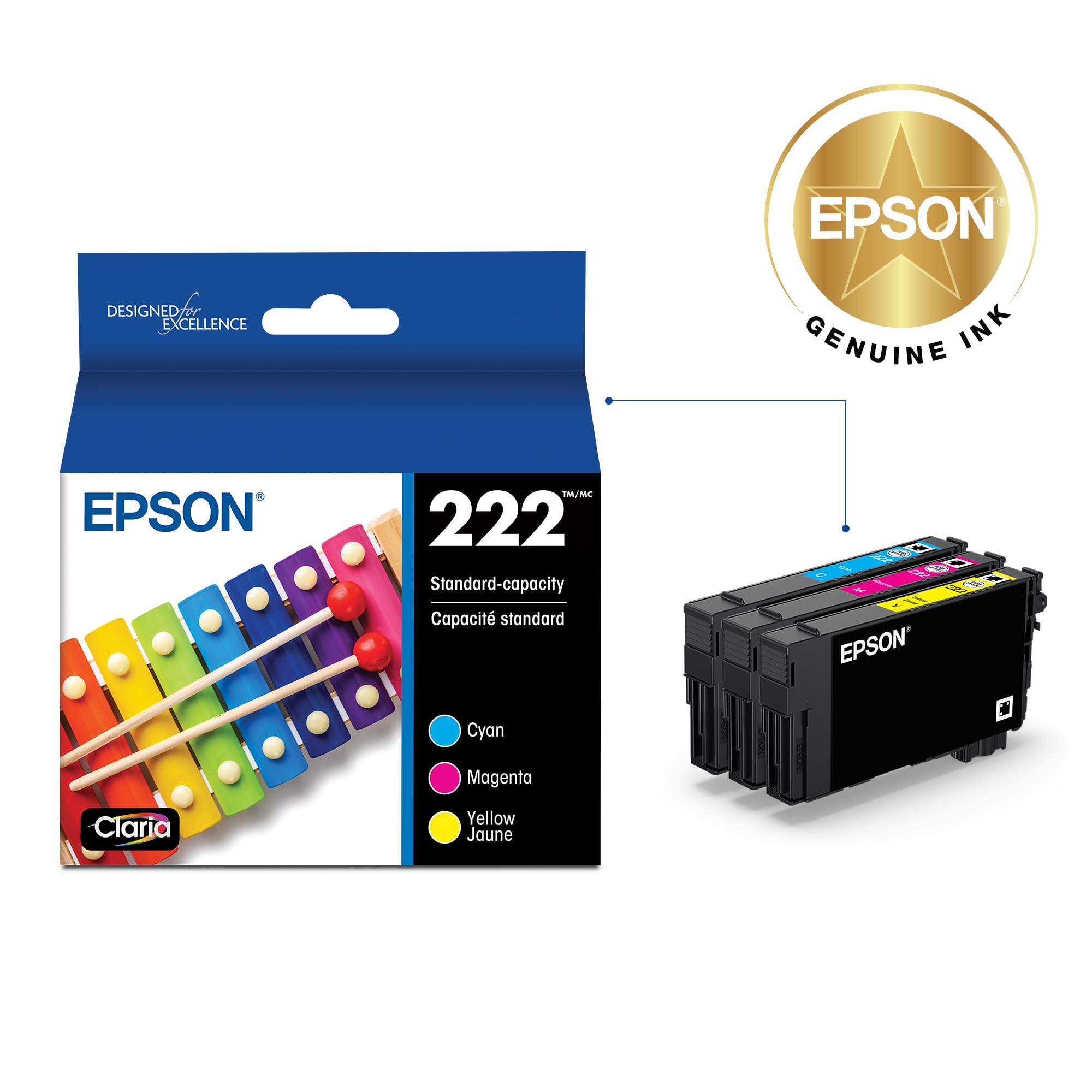 Epson 222 Claria Ink Standard Capacity Color Combo Pack (T222520-S) Works with Workforce WF-2960,Expression XP-5200,(Pack of 2)