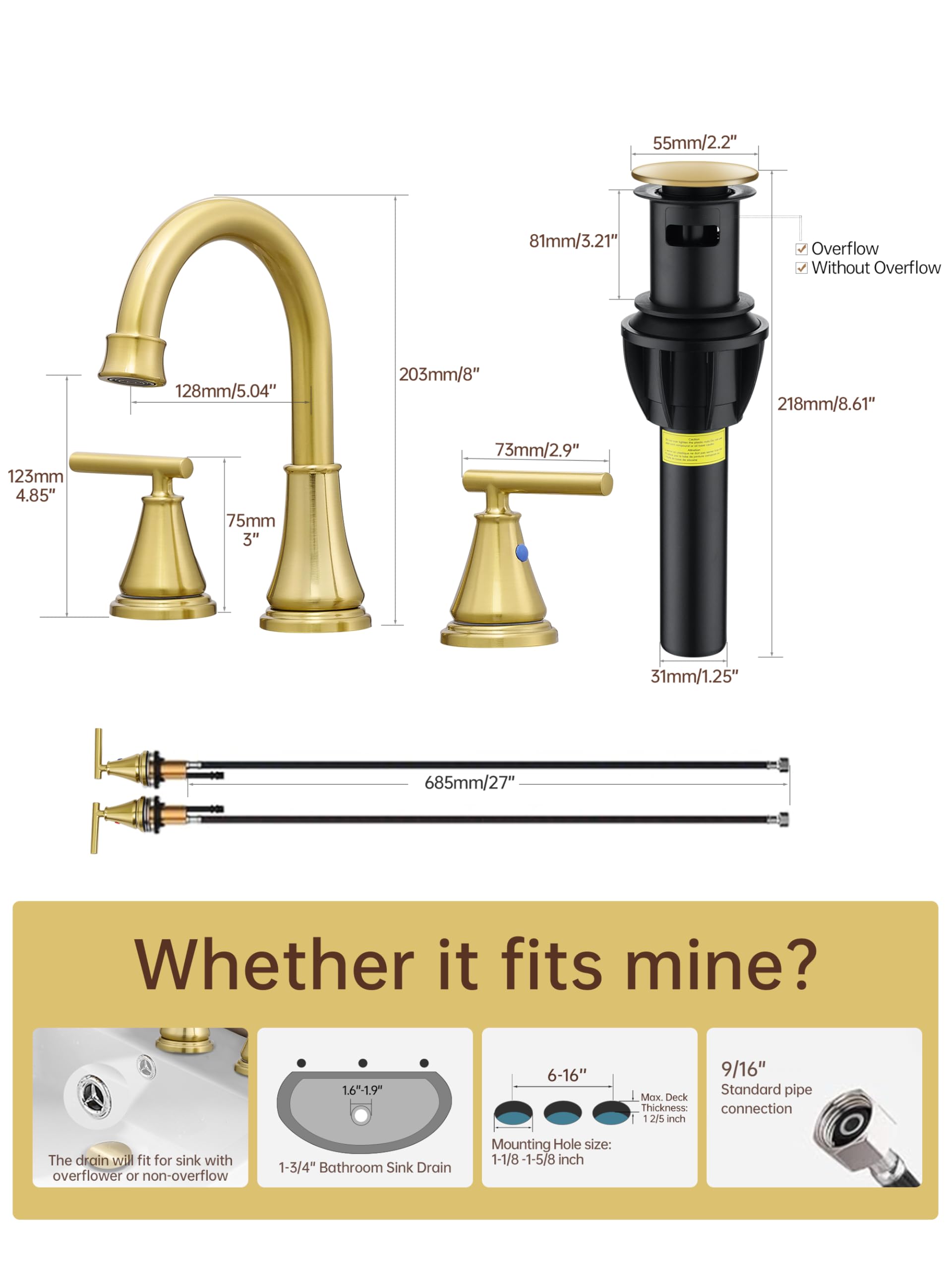 Fransiton Widespread Bathroom Sink Faucet 3 Hole, Brushed Gold Bathroom Faucet with Metal Pop-Up Drain, 2 Handle for 6-16" RV Vanity Sink