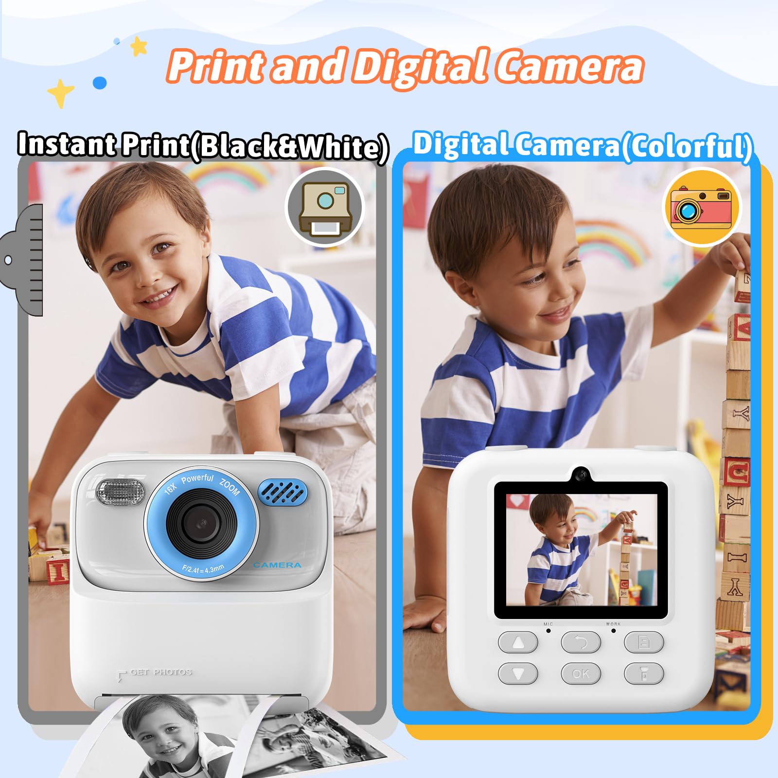 Kids Instant Digital Cameras for Boys and Girls, 1080P HD Dual-Lens Selfie Digital Camera with Print Paper & 32G Card, Christmas Birthday Gifts Toys for Toddler and Teenagers Age 3-16 Years Old