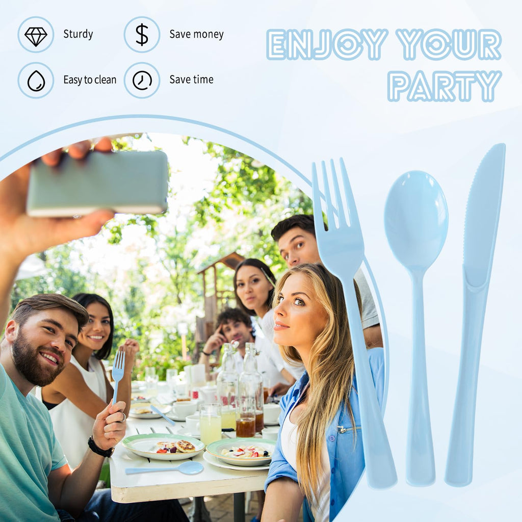 150 Pack Plastic Silverware,Disposable Cutlery Set Heavy Duty Utensil Sets 50 Forks 50 Knives 50 Spoons for Brithday, Wedding,Home School Party Picnics Restaurant Outdoor Events (Black)