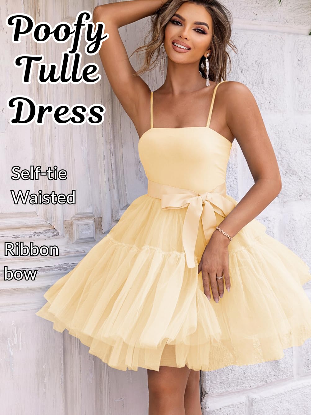Kaei&Shi Poofy Short Tulle Dress,Spaghetti Strap Semi Formal Dresses for Women,Elegant Birthday Outfit Homecoming Cocktail