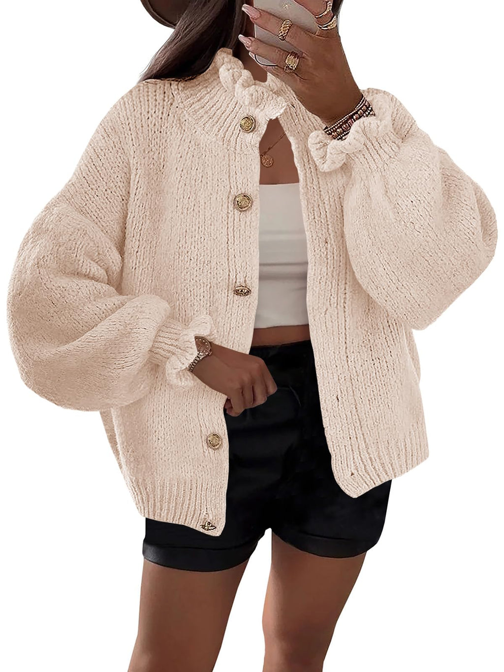Saodimallsu Womens Ruffle Cardigan Oversized Button Up Fall Trendy Ribbed Knit Open Front Long Sleeve Loose Cute Sweater