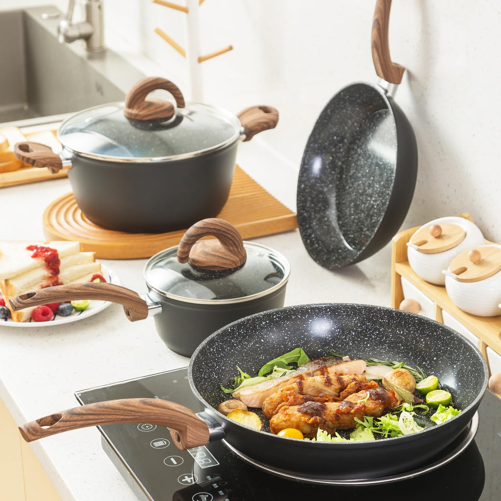 Vkoocy Pots and Pans Set Non Stick, Ceramic Cookware Set with Granite Pattern Kitchen Cooking Sets Induction Pot and Pan w/Frying Pans, Saucepans, Casserole, Non-Toxic, PTFE/PFOA/PFOS-Free, Black