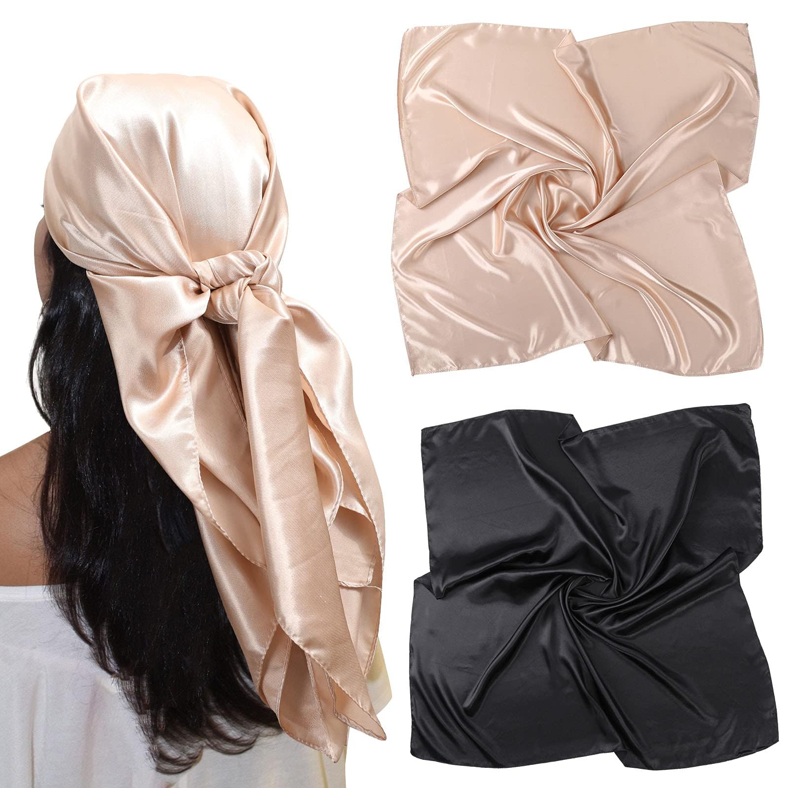 AWAYTR 35” Large Satin Square Head Scarf - 2Pcs Silk Like Floral Head Scarves Square Satin Hair Scarf Bandanas for Women