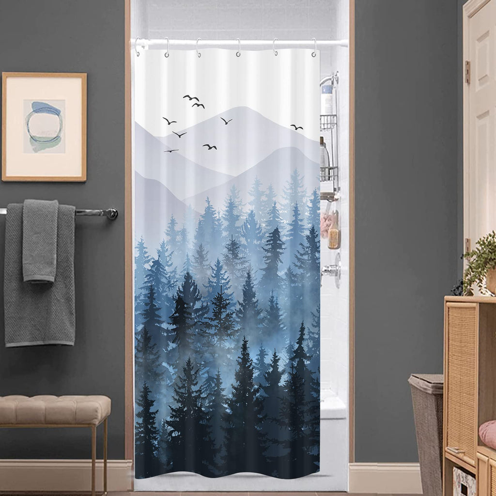 Stall Small Black and White Misty Forest Shower Curtain Ombre Gray Grey Mountain Pine Tree Waterproof Fabric Shower Curtains for Bathroom Nature Woodland Decorative Bath Curtain Decor 36×72 Inches