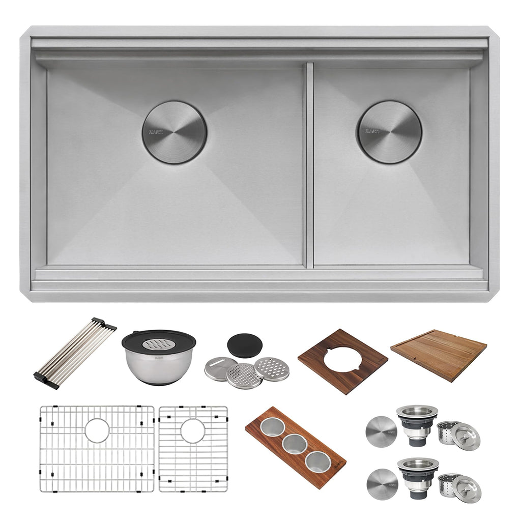 Ruvati 33-inch Workstation Kitchen Sink - Dual Tier Double Bowl Kitchen Sink - Low Divide Undermount Sinks - 16 Gauge Stainless Steel Kitchens Sinks - RVH8255