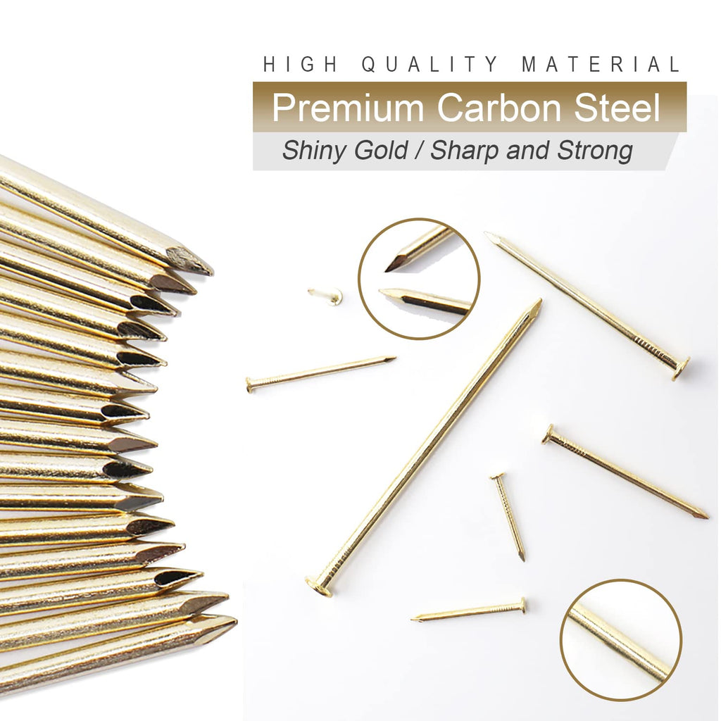 240pcs Gold Hardware Nails, 1-1/2” × 14 Ga Brass Plated Wood Nails, Nails for Hanging Wall Decor, Finishing Nails, Picture Hanging Nails, Wall Nails, Roofing Nails
