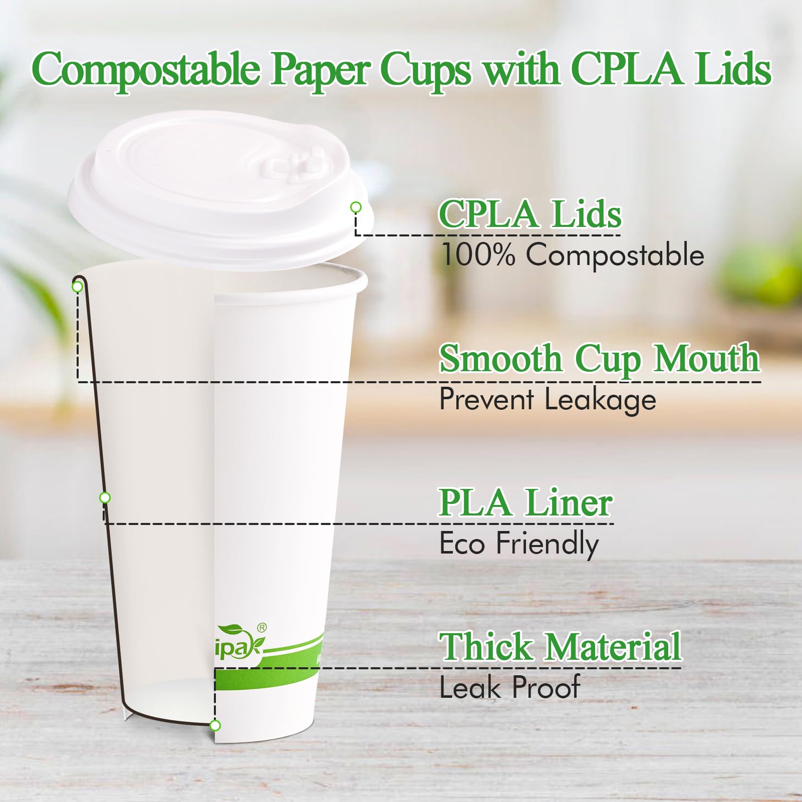 ECOLipak 100 Count 12 oz Compostable Paper Coffee Cups, Biodegradable Disposable Coffee Cups with CPLA Lid, Eco-friendly Hot Drinking Cups for Party, Picnic, Travel, and Events