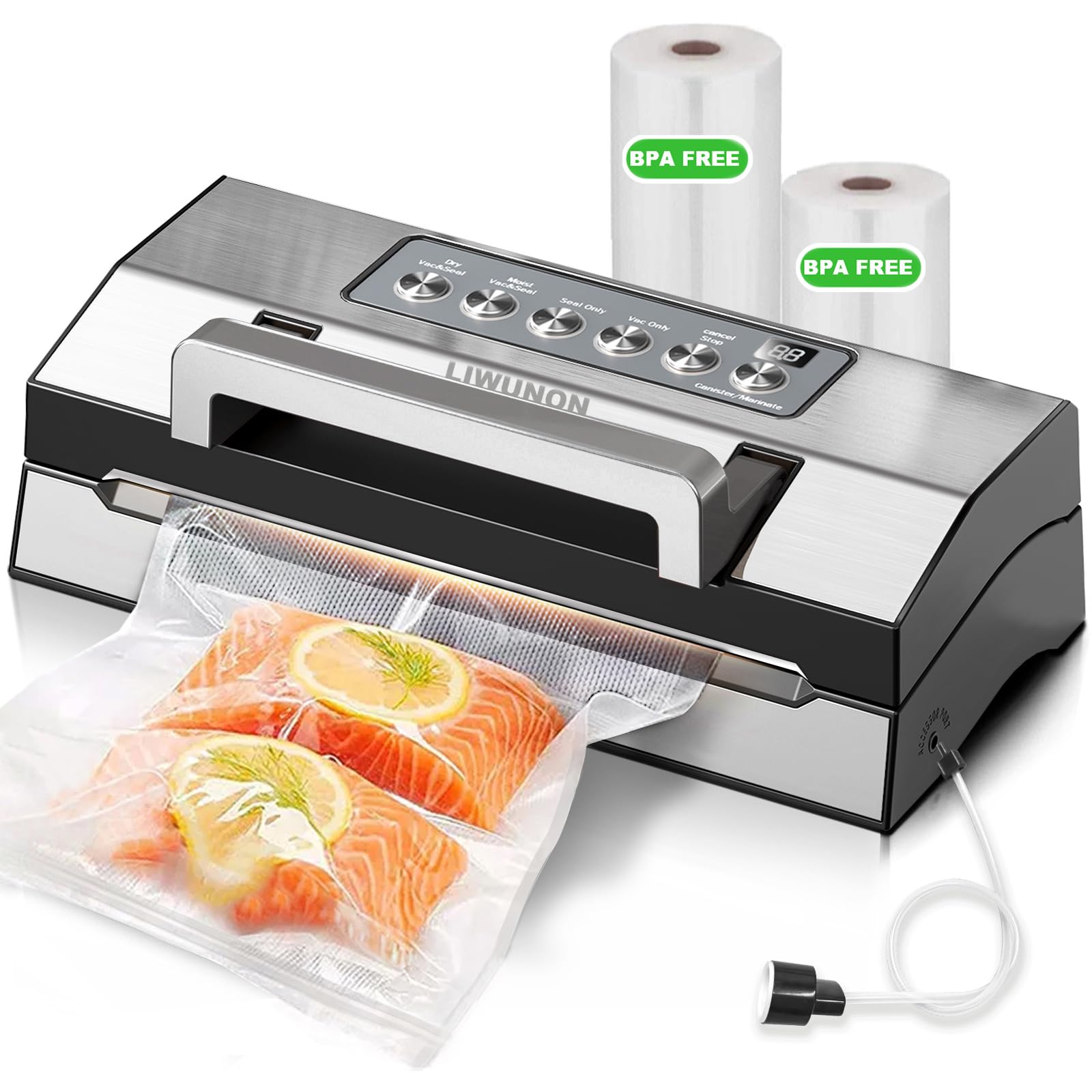 Powerful Suction Vacuum Sealer Machine,Commercial Fully Automatic Food Vacuum Sealer with Double Heat Seal,Dry & Moist Modes,Built-in Cutter,Bags Storage,Easy-Lock Handle,Include 2 Bag Rolls (Black)
