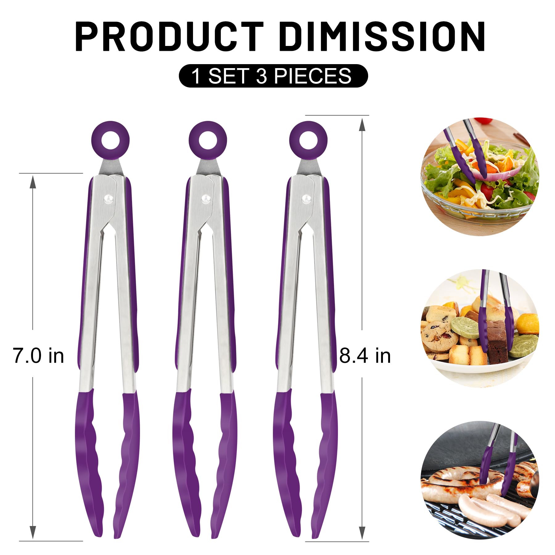 Hotec Mini Silicone Kitchen Tongs for Cooking - 7-Inch Small Serving Tongs with Silicone Tips, Set of 3 (Black)