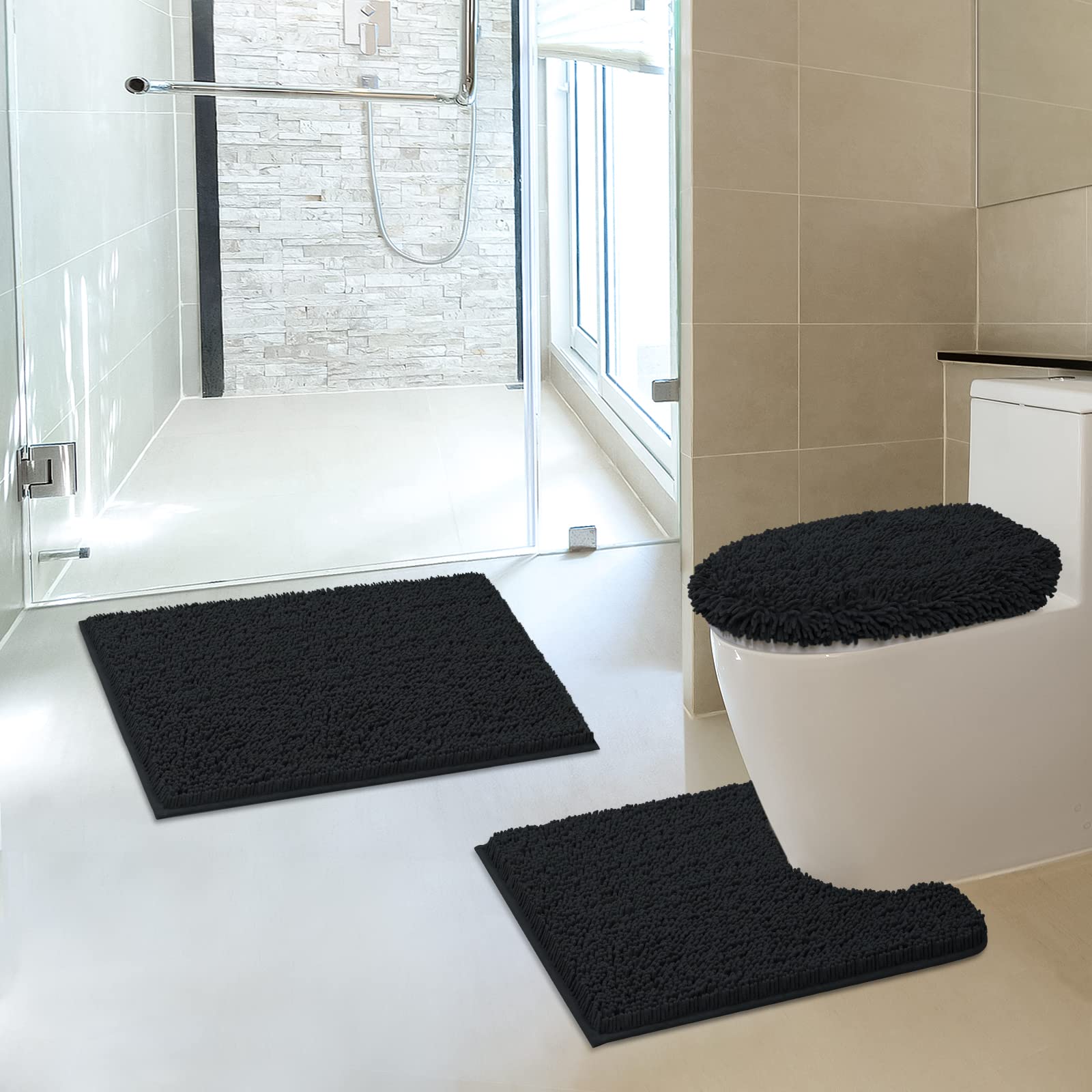 TREETONE Chenille Bath Mat 3 Pieces Bathroom Rugs Set, 20x20 Inches U-Shape Contoured Toilet Mat & 20x32 Inches Rug & Lid Cover,Water Absorbent Plush Rugs for Tub Shower & Bath Room -Beige