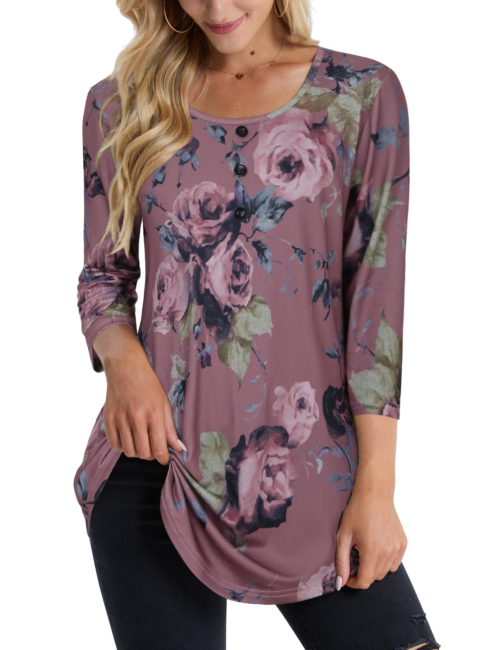 BAISHENGGT Womens Tops 3/4 Sleeve Round Neck Casual Tunic Tops Fall Fashion 2025 Dressy Casual Blouses