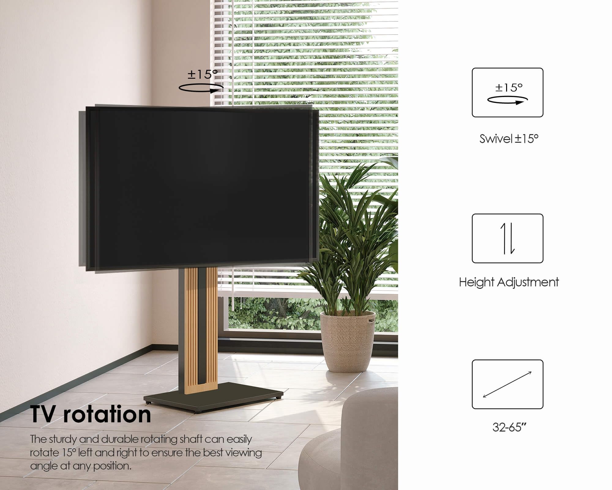 FITUEYES Wood TV Stand Swivel Mount with Hidden Back Storage for 32-65 inch TV Screens, Scandinavian Style Tall Floor TV Stand for Home Decor with Reinforced Base, Zen Series, Black
