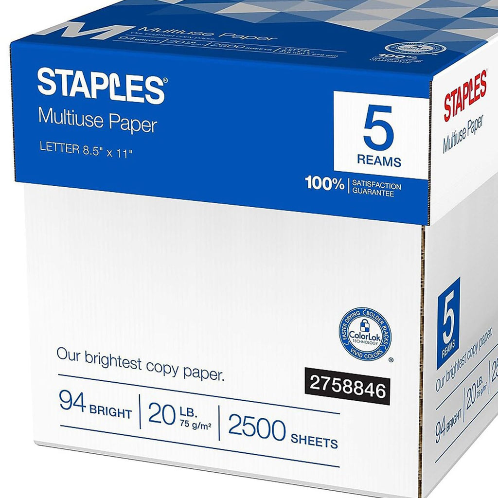 Staples Multiuse Copy Paper, 20 Lb, 94 Bright, 8 1/2" x 11", White, 3-Ream Case, For Office, School & Home