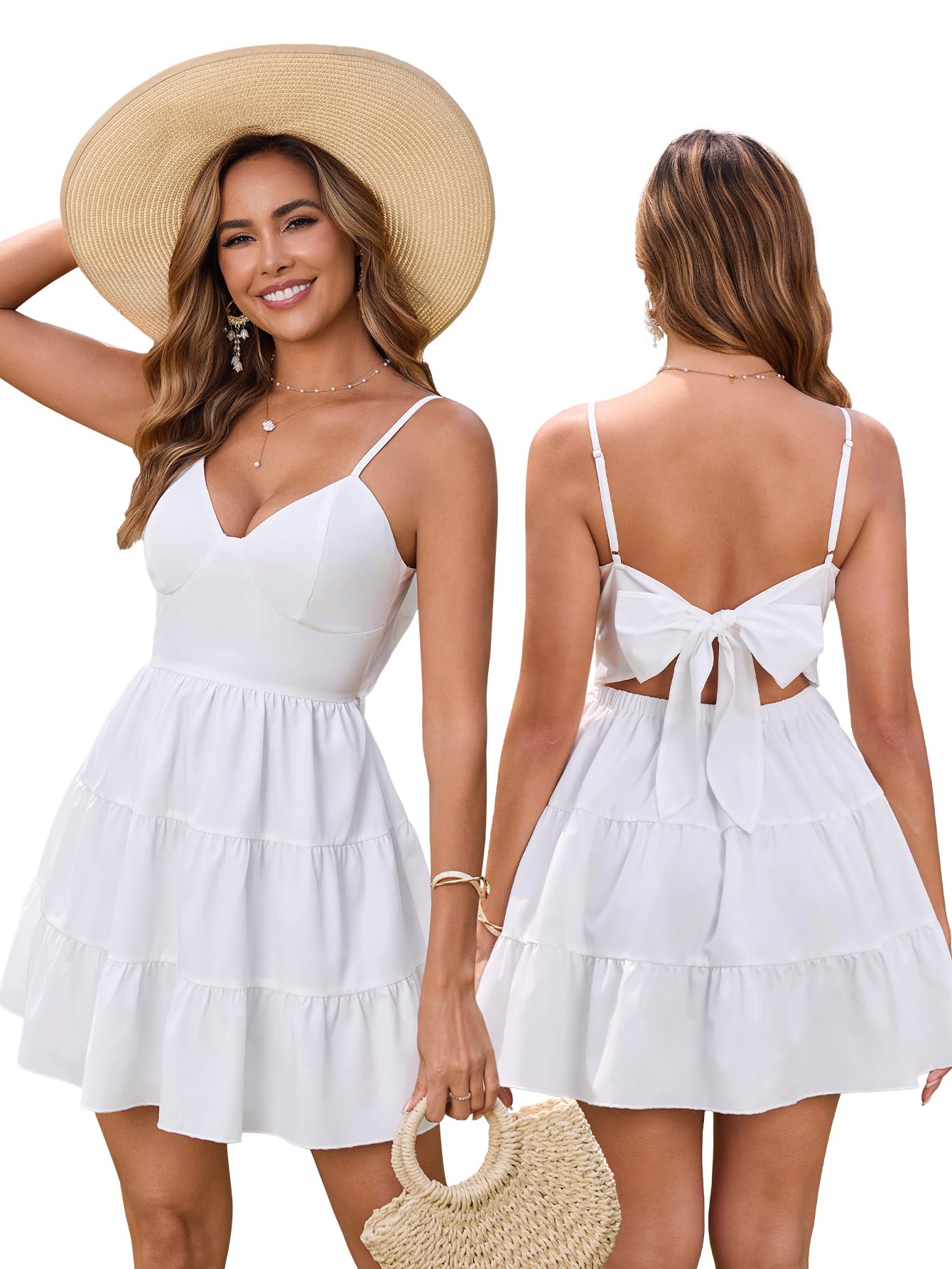 HTZMO Women Casual Summer Floral Mini Sundress V Neck Bow Tie Backless Flowy Cute Graduation Boho Beach Short Dress