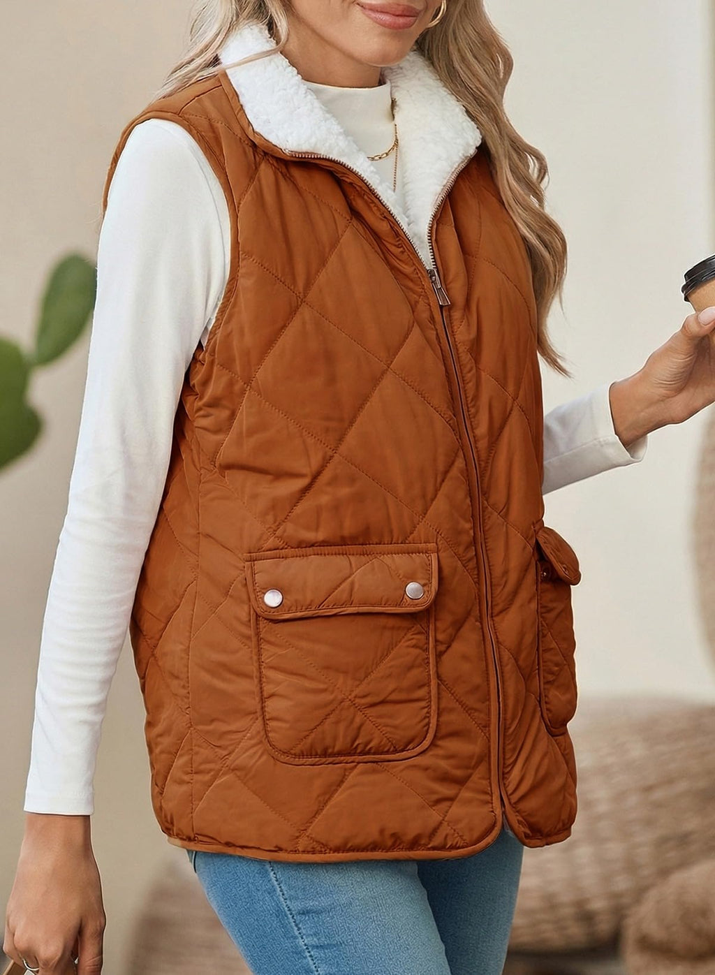 SHEWIN Women Puffer Vest Casual Stand Collar Sleeveless Puffer Jacket Warm Winter Reversible Zip Up Outerwear with Pockets