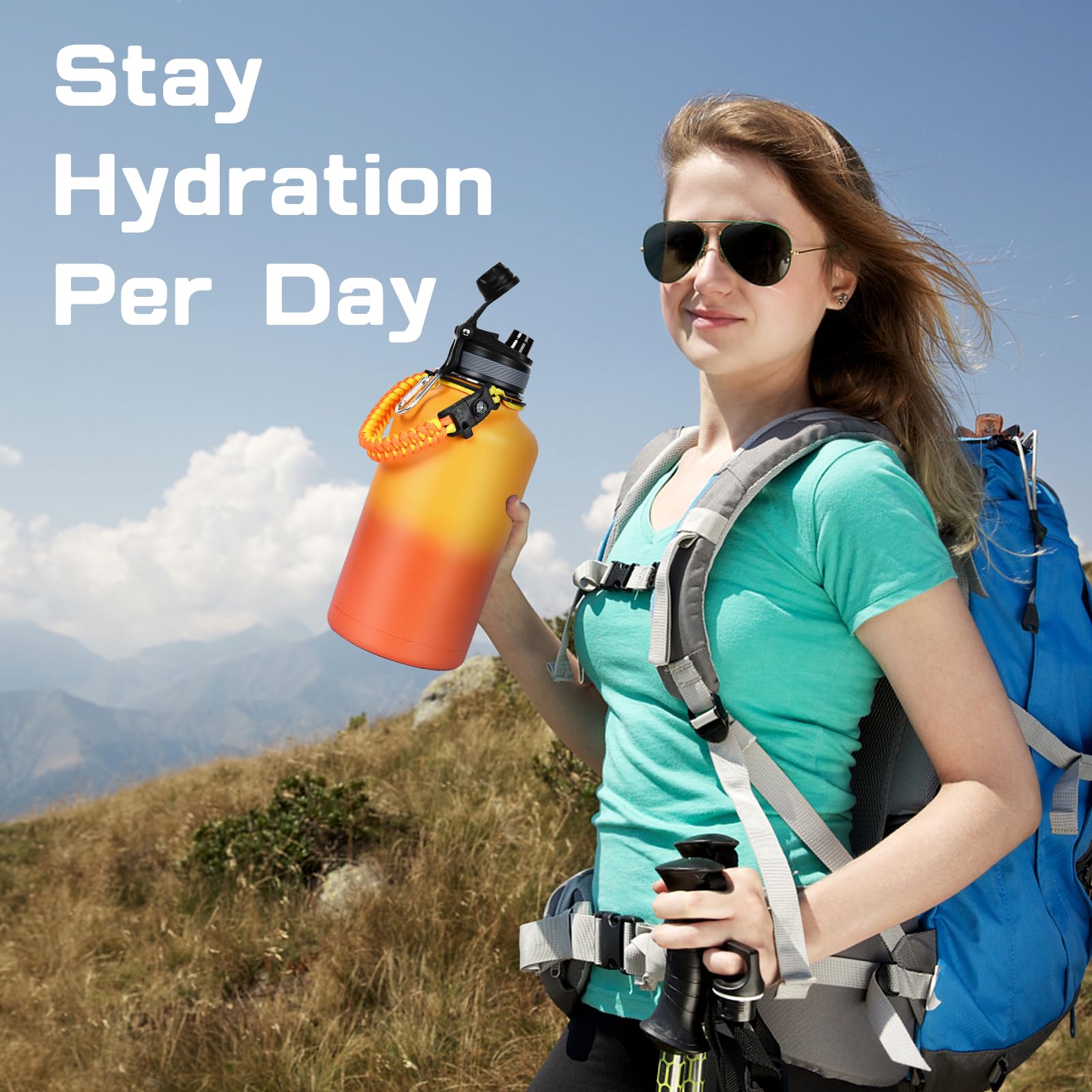 GAZLEMHO 40 oz Insulated Water Bottle with Straw& Spout 2-in-1 Lid, Triple Wall Vacuum Stainless Steel Cold 48H, Leak Proof Sports Metal Flask Jug with Paracord Handle, Black
