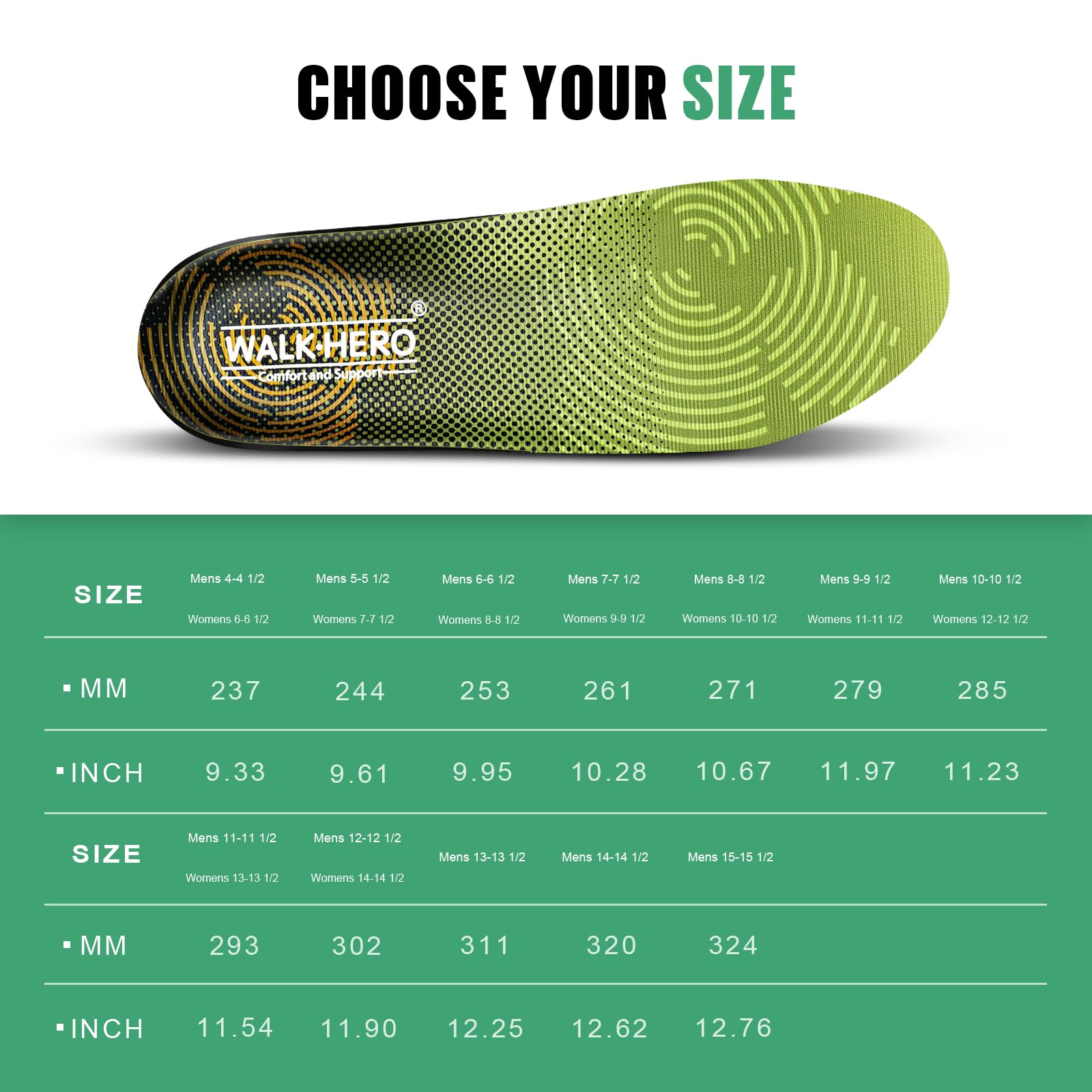 WalkHero Plantar Fasciitis Insoles - Medium Arch Support Inserts for Men & Women with Comfort Cushion | Orthotic Inserts to Relieve Foot Pain and Provide Shock Absorption (Blue) Mens 4-4 1/2