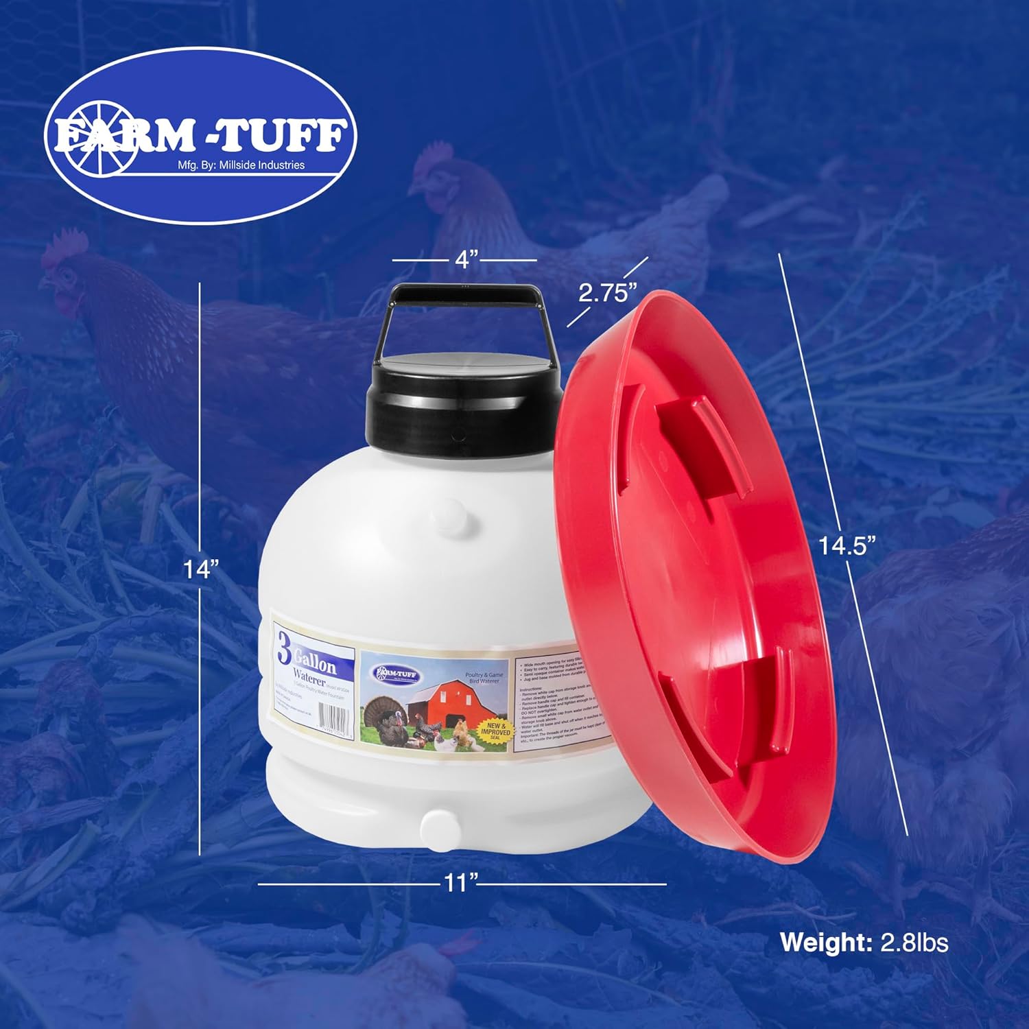 FARM-TUFF Hanging Chicken Waterer, 3 Gallon Capacity - Durable BPA-Free Plastic Poultry Fountain with Top Fill Design - Automatic Water Dispenser for Chickens, Ducks, Turkeys & Game Birds