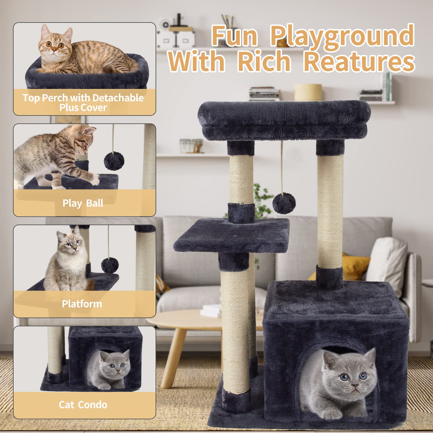 FISH&NAP Cute Cat Tree Kitten Cat Tower for Indoor Cat Condo Sisal Scratching Posts with Jump Platform Cat Furniture Activity Center Play House Beige