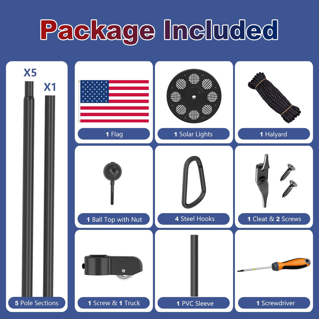 Upgraded 10 Gauge 20FT Heavy Duty Flag Pole Kit with 136 LED Solar Light, Extra Thick Flagpole for Outside House in Ground, Bottom 3 mm Thick & Width 3.35 in, 120MPH Wind Rated