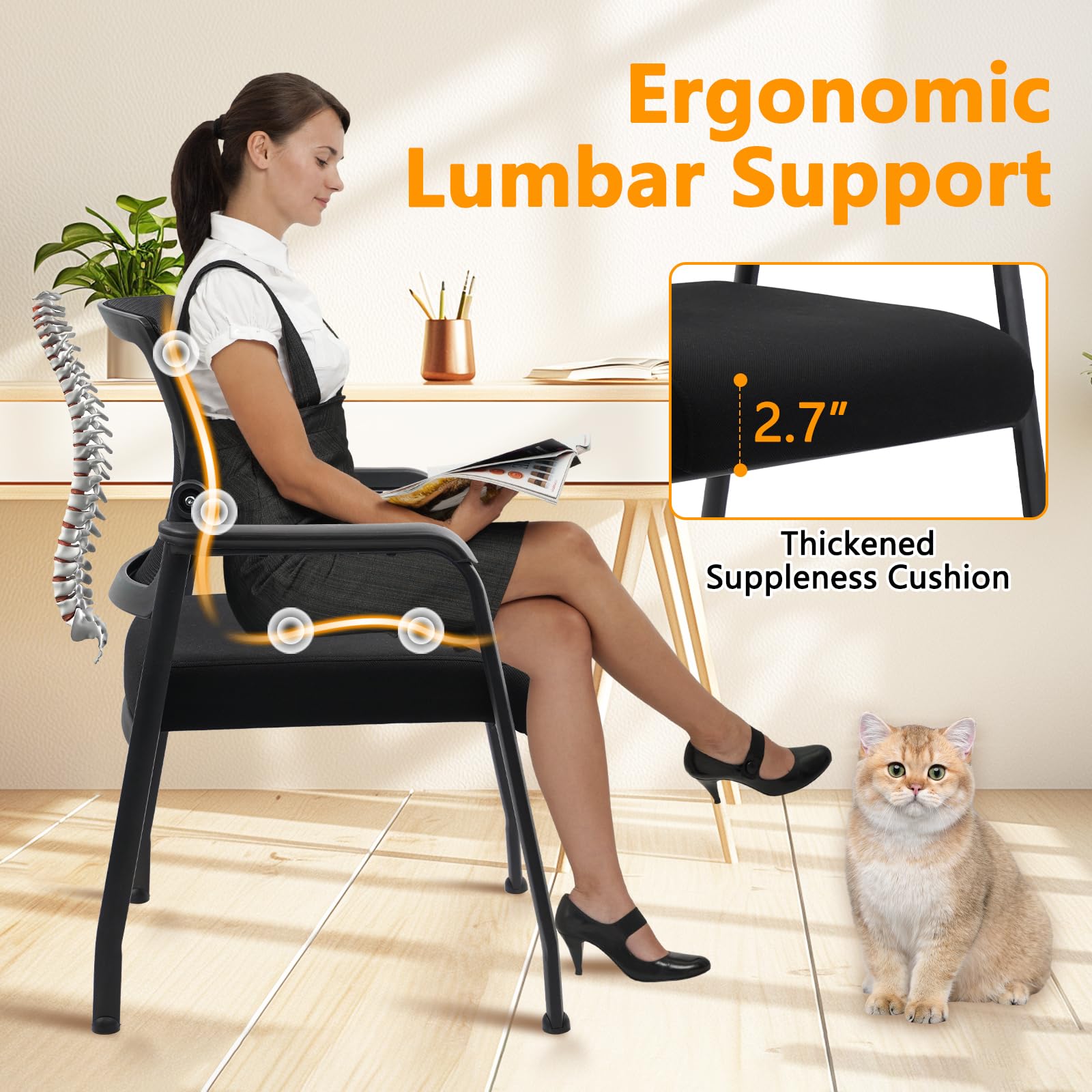 KLASIKA Desk Chair No Wheels with Adjustable Mesh Backrest, Arm Chair with Ergonomic Lumbar Support and Thickened Seats Cushion, Waiting Room Chairs for Office School Church Guest Reception