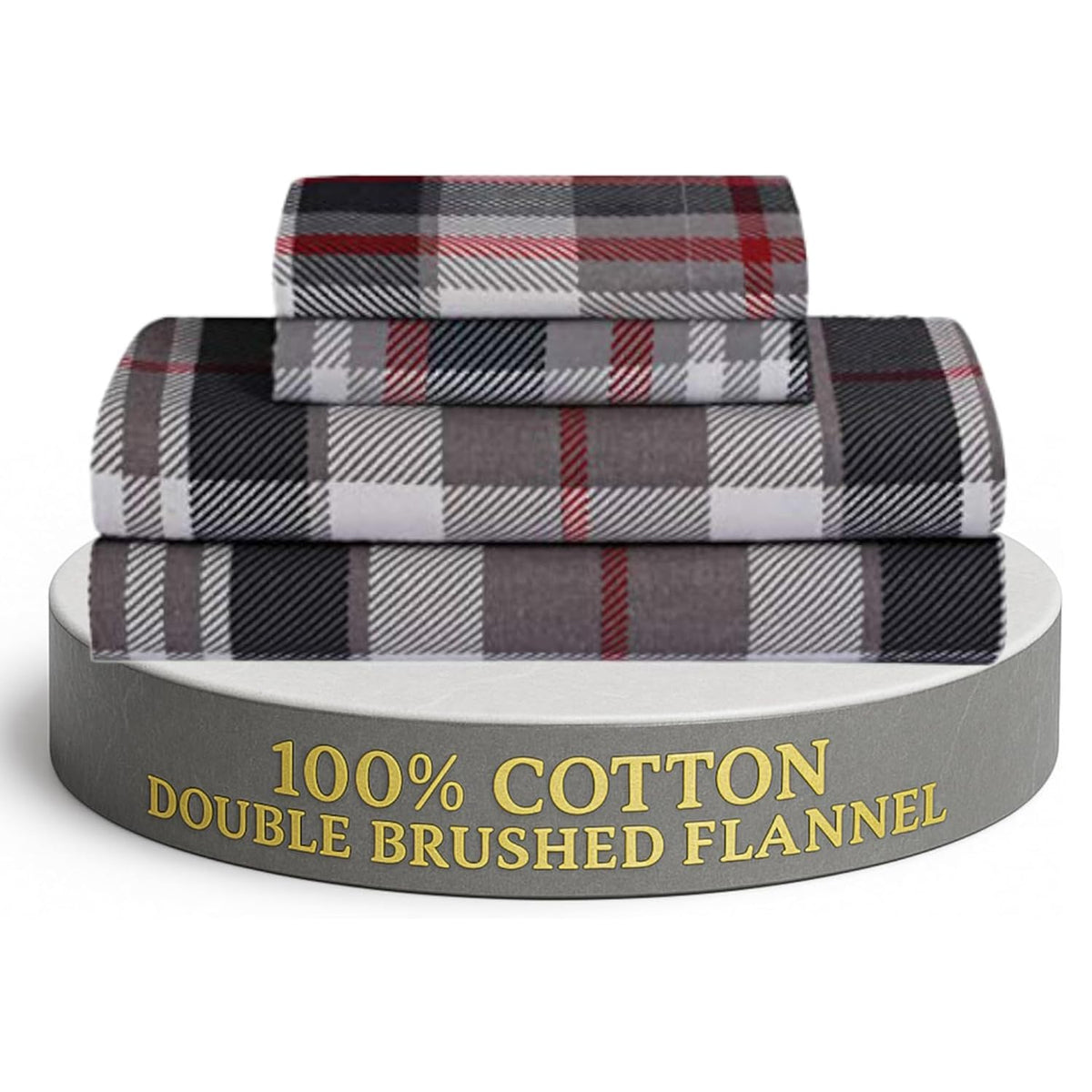 Feather & Stitch 100% Cotton Flannel Twin Sheet Set, 3 Piece Brushed Cotton Flannelette Flat Sheet, Winter Fitted Sheet, Heavy Weight Bedding, 16" Deep Pocket (Grey Plaid)