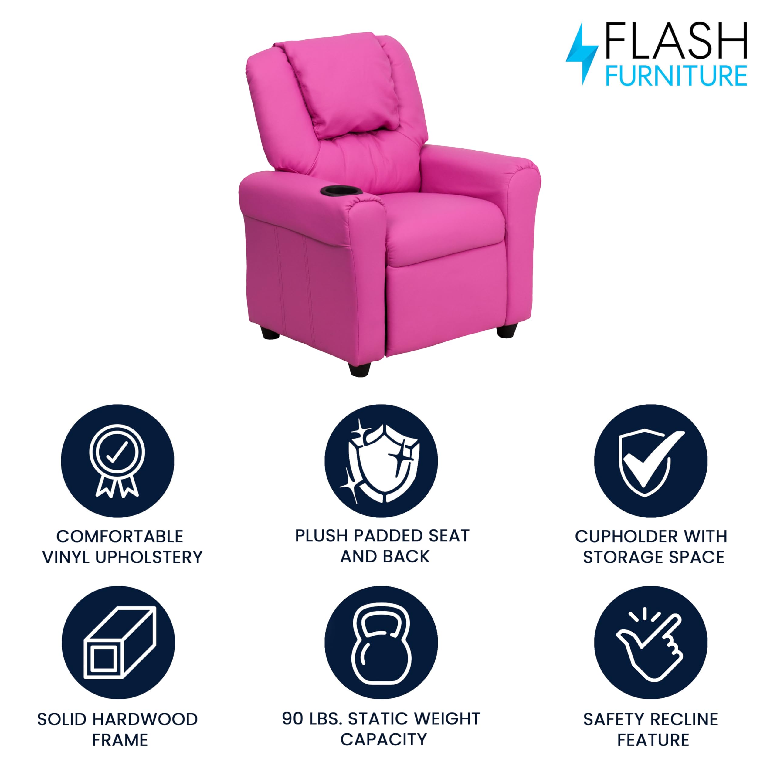 Flash Furniture Vana Vinyl Kids Recliner with Cup Holder, Headrest, and Safety Recline, Contemporary Reclining Chair for Kids, Supports up to 90 lbs., Beige