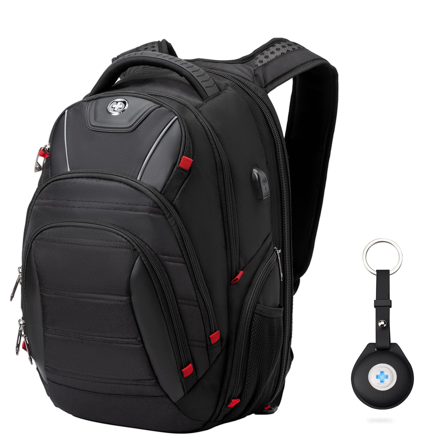 Swissdigital Design Travel Backpack for Women or Men, TSA Friendly USB Charging RFID Protection Business Carry on Bag Fits 15.6" Laptop Backpack Black | J14-BR
