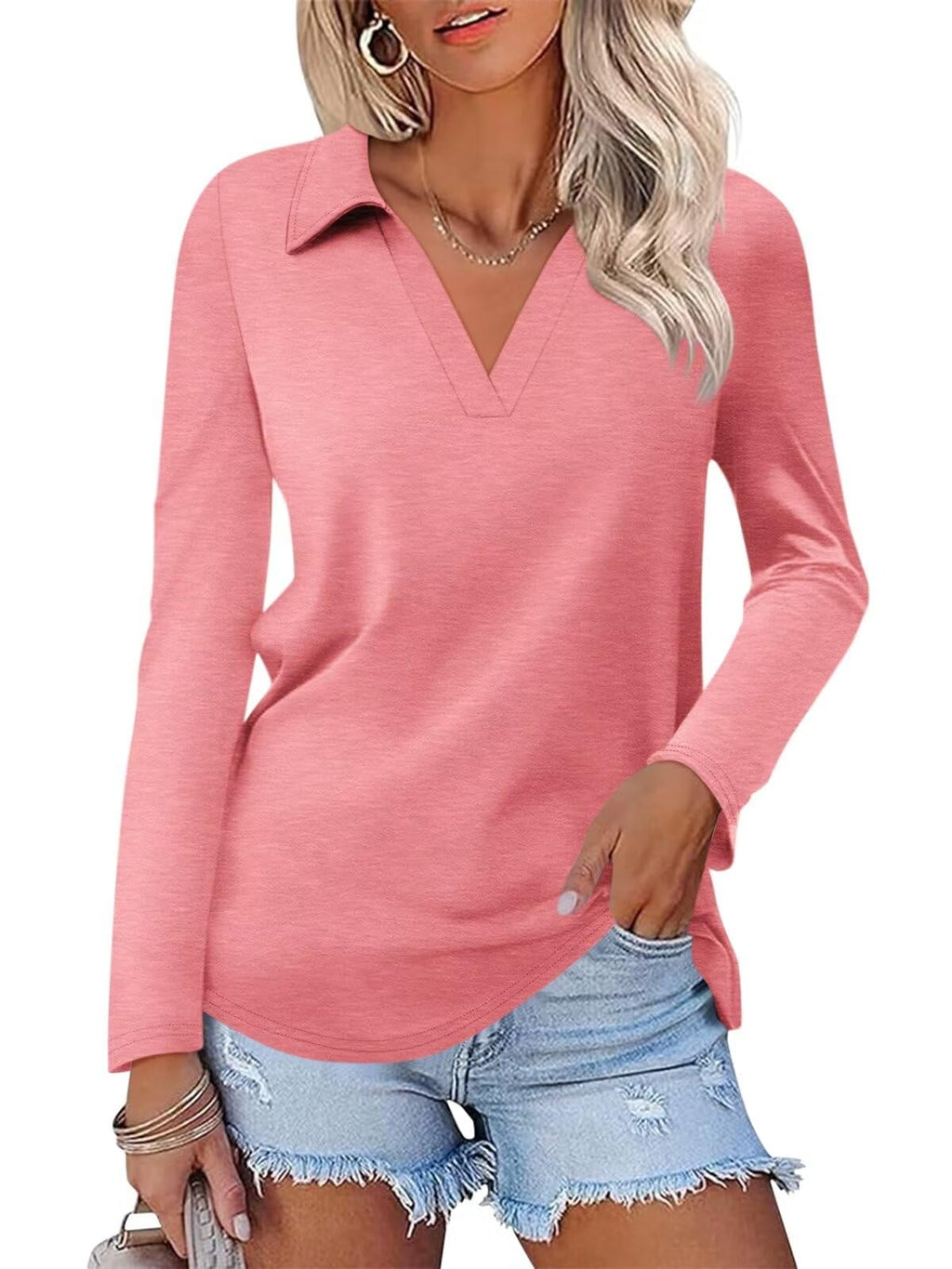 ORANDESIGNE Women's Long Sleeve Polo Shirts Casual Color Block V Neck Tops Fall Collar Ladies Tunics Tees