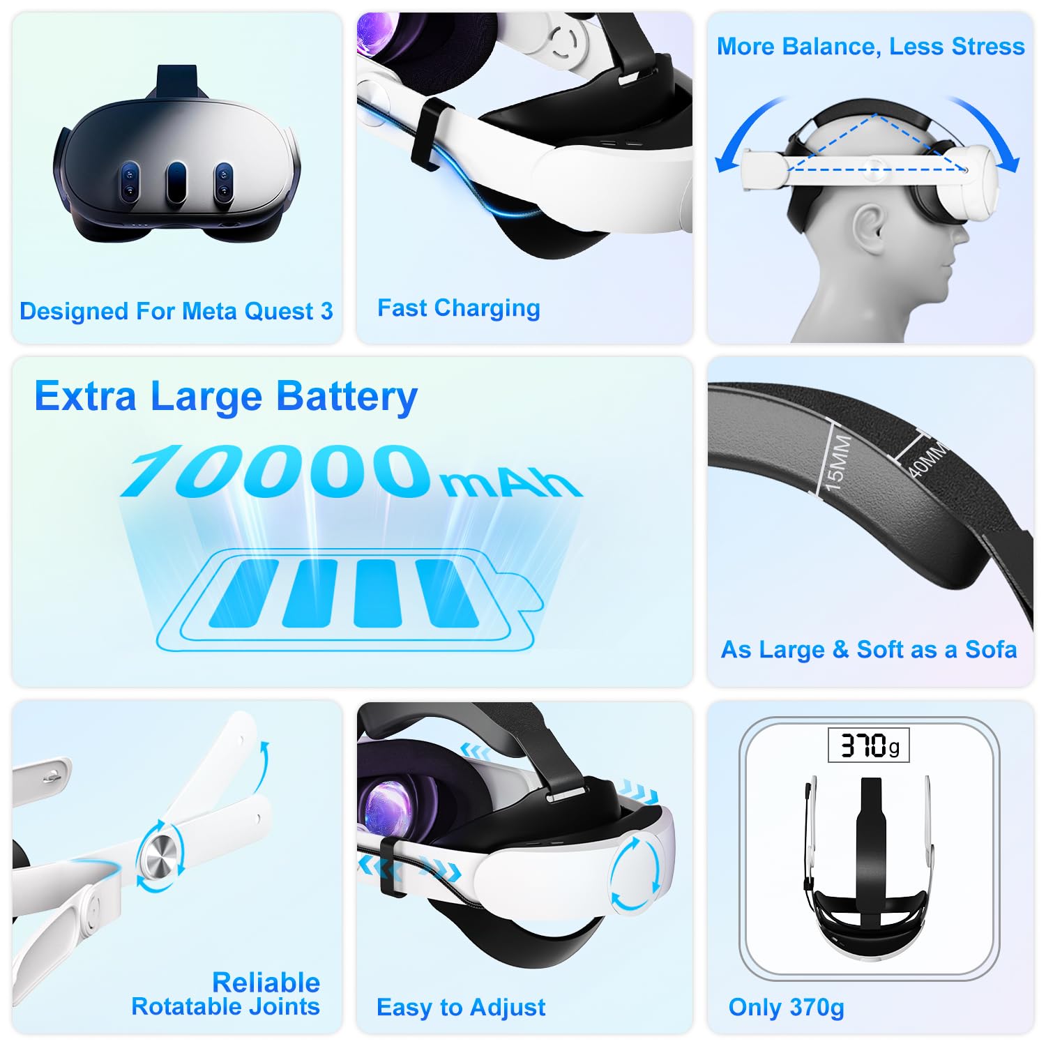 10000mAh Battery Head Strap for Meta Quest 3/3S - Elite Strap with Battery Pack Accessories Fast Charger to Extend Quest 3/3S 2-4H Playtime - VR Stocking Stuffers for Men - Mens Stocking Stuffers