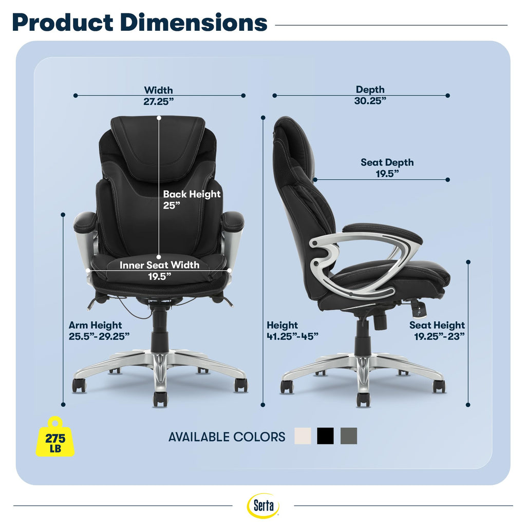 Serta Bryce Executive Office Chair - Ergonomic Computer DeskChair with Lumbar Technology - Adjustable Height - Memory Foam Body Pillows - 360° Swivel Rolling Base - Bonded Leather - Black
