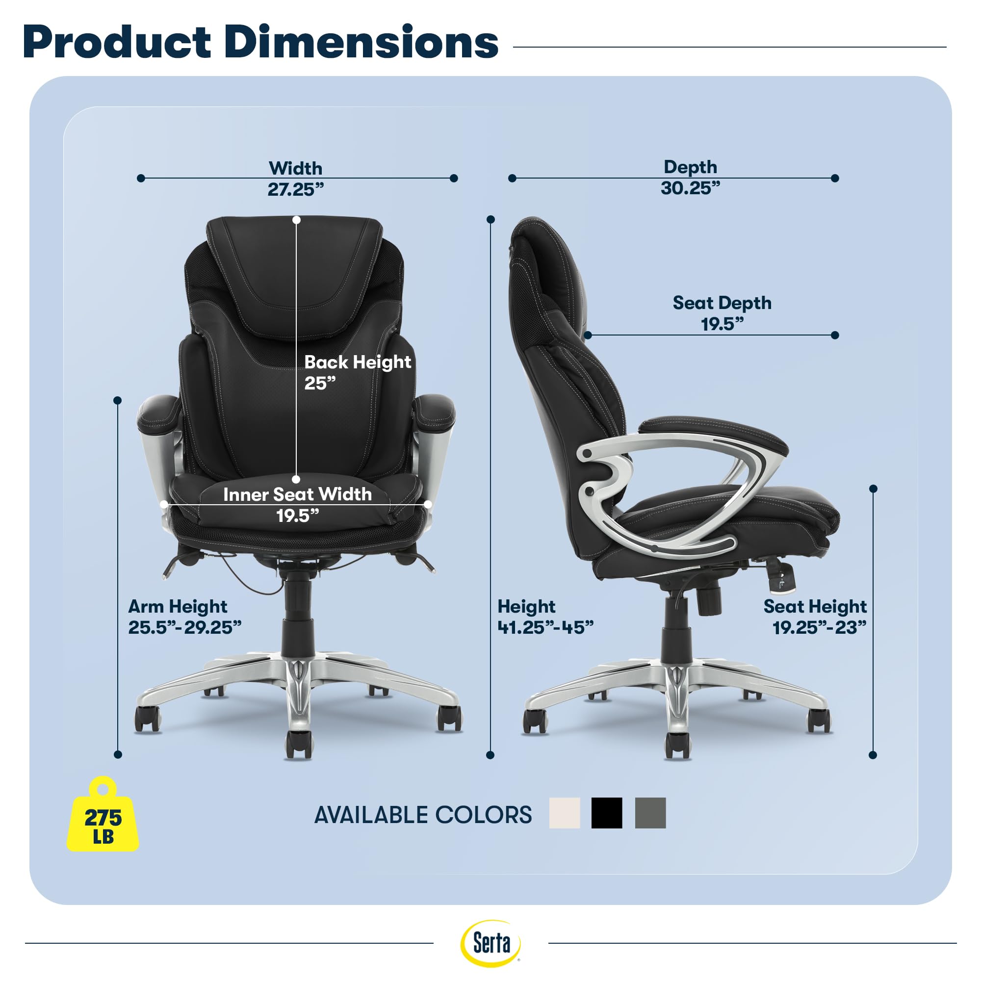 Serta Bryce Executive Office Chair - Ergonomic Computer DeskChair with Lumbar Technology - Adjustable Height - Memory Foam Body Pillows - 360° Swivel Rolling Base - Bonded Leather - Black
