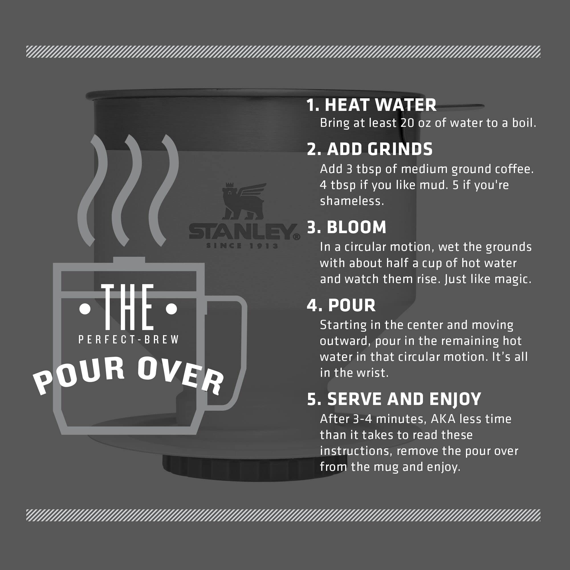 STANLEY Perfect Brew Pour Over | Manual Single Cup Coffee Maker | Drip Coffee Maker with Reusable Filter | Easy Clean Stainless Steel | BPA-Free | Charcoal Glow