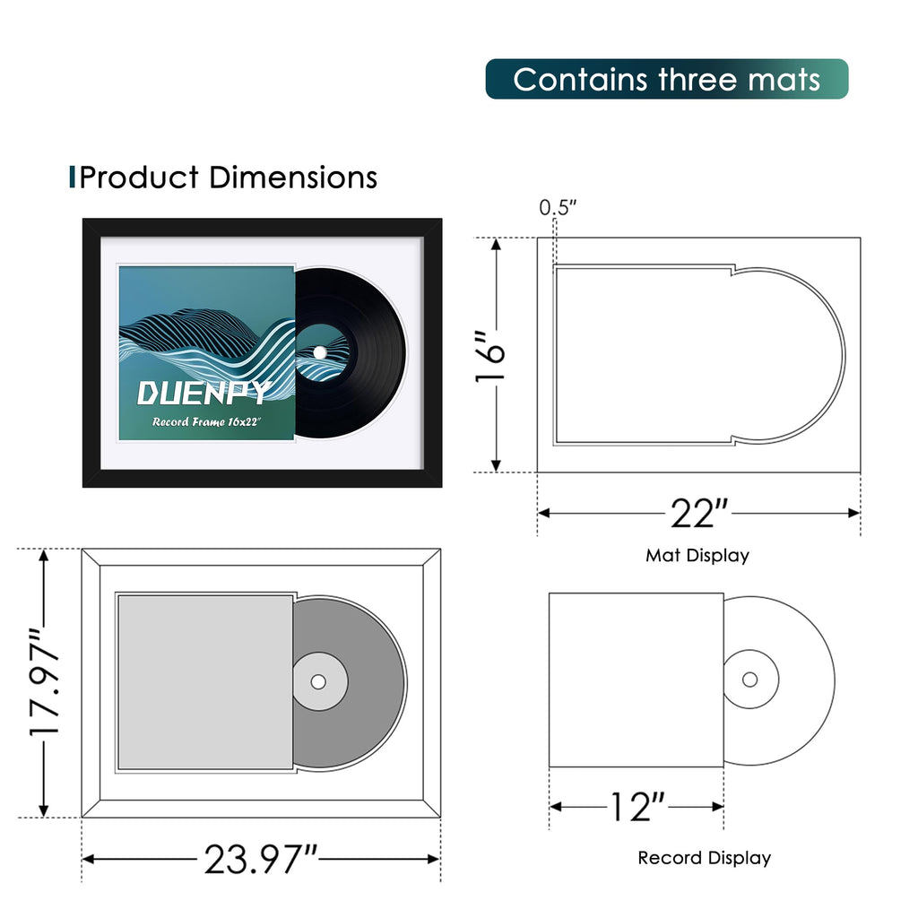 DUENPY Vinyl Record Display Frame 16x22 Inches Display Record Album and 12.5x12.5 Album Cover Art（Black Bottom Mat） Wall Mount