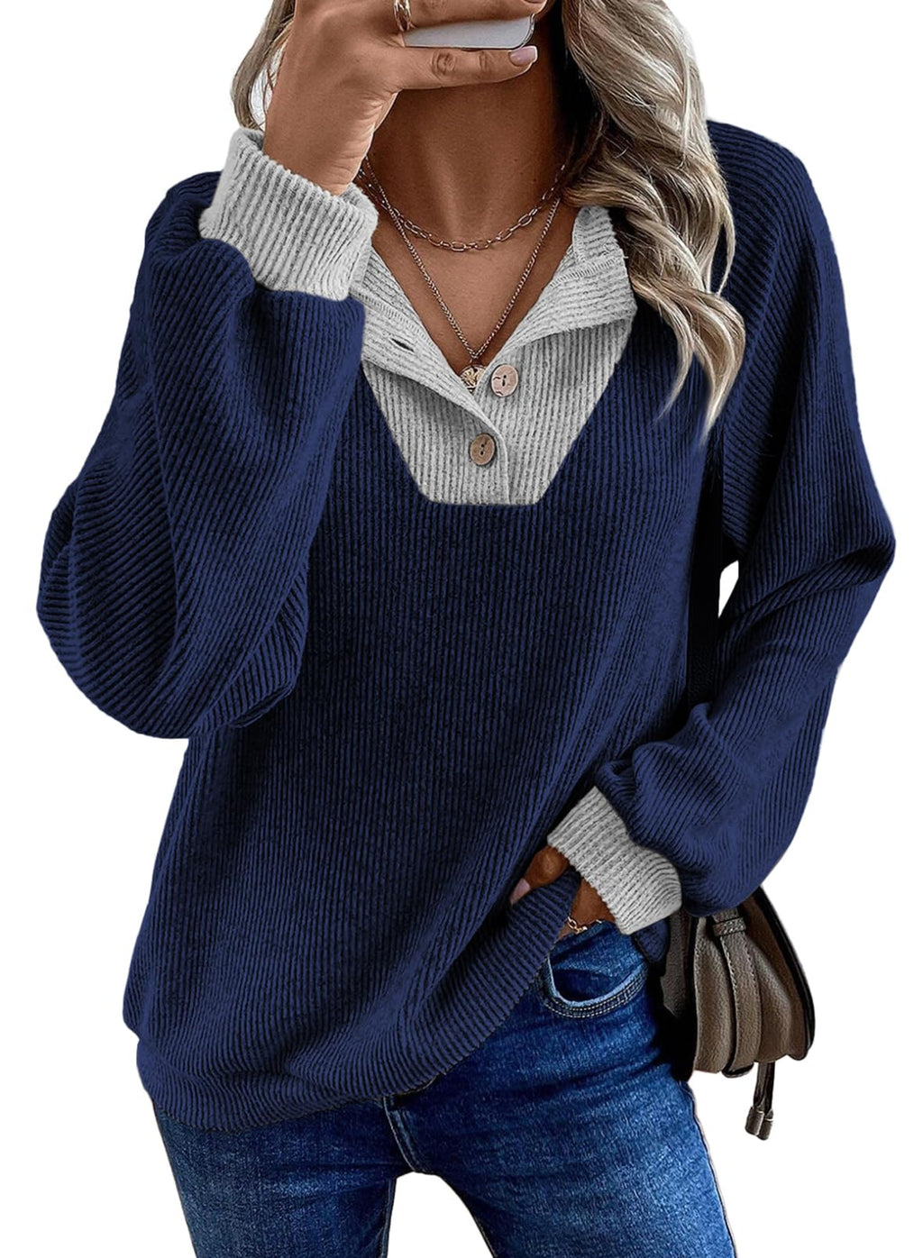 EVALESS Womens Fall Fashion 2026 Womens Long Sleeve Shirts Patchwork Button Up V Neck Sweatshirt Casual Pullover Tops