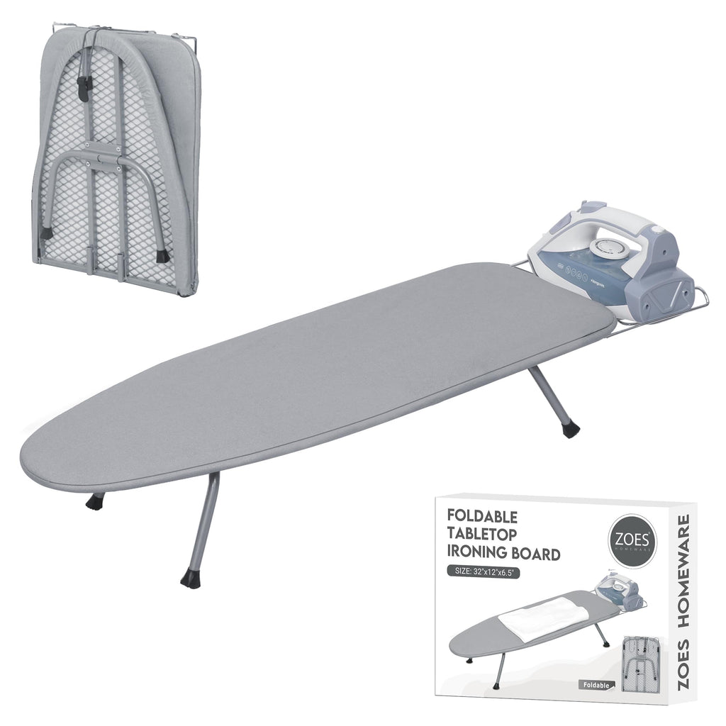 ZOES HOMEWARE Metal Mesh Panel Tabletop Ironing Board | Foldable Iron Board | Heavy Duty Small Iron Board with Heat Resistant Cover and 100% Cotton 8mm Thicken Pad | 31.5"x11.8"x6.2"