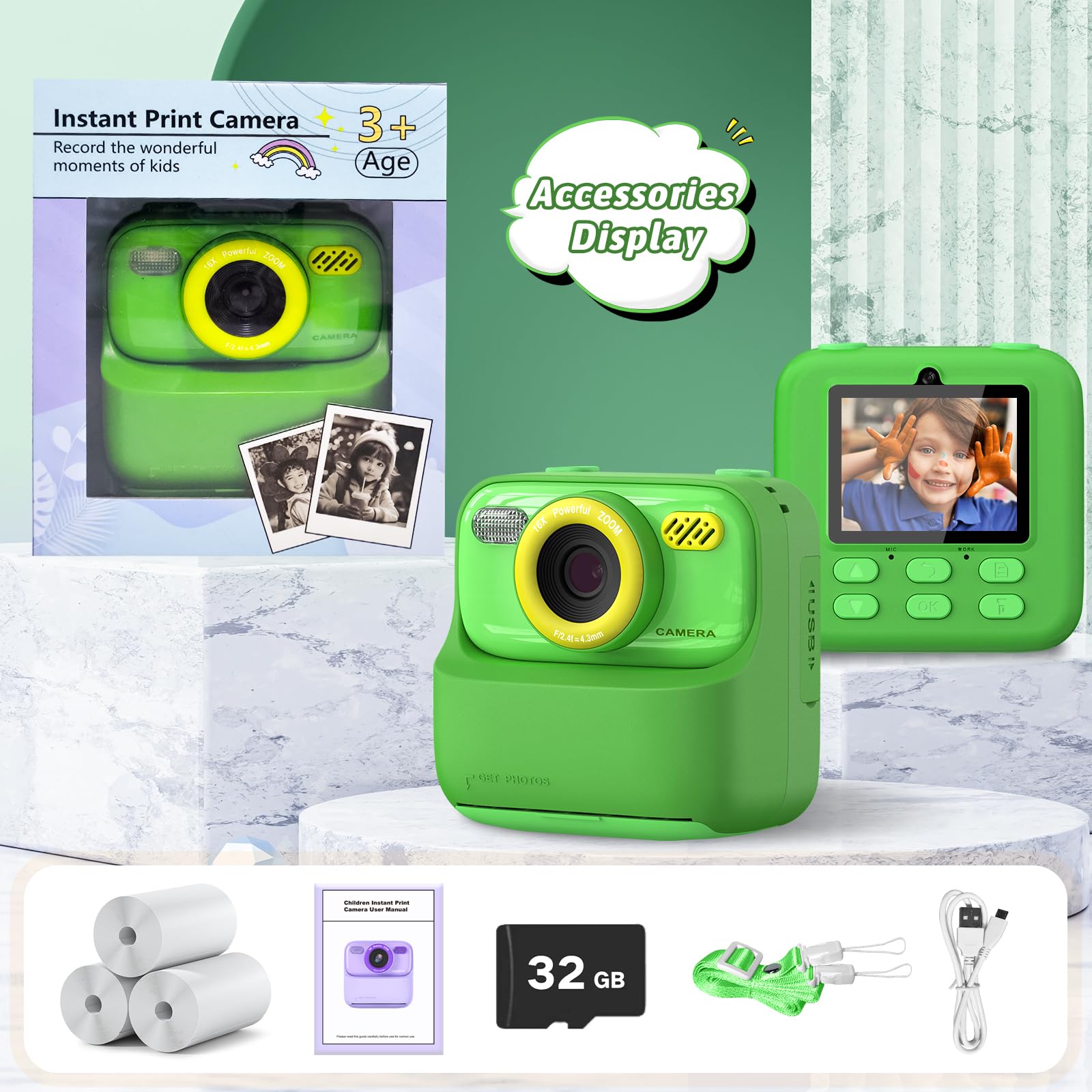 Kids Instant Digital Cameras for Boys and Girls, 1080P HD Dual-Lens Selfie Digital Camera with Print Paper & 32G Card, Christmas Birthday Gifts Toys for Toddler and Teenagers Age 3-16 Years Old