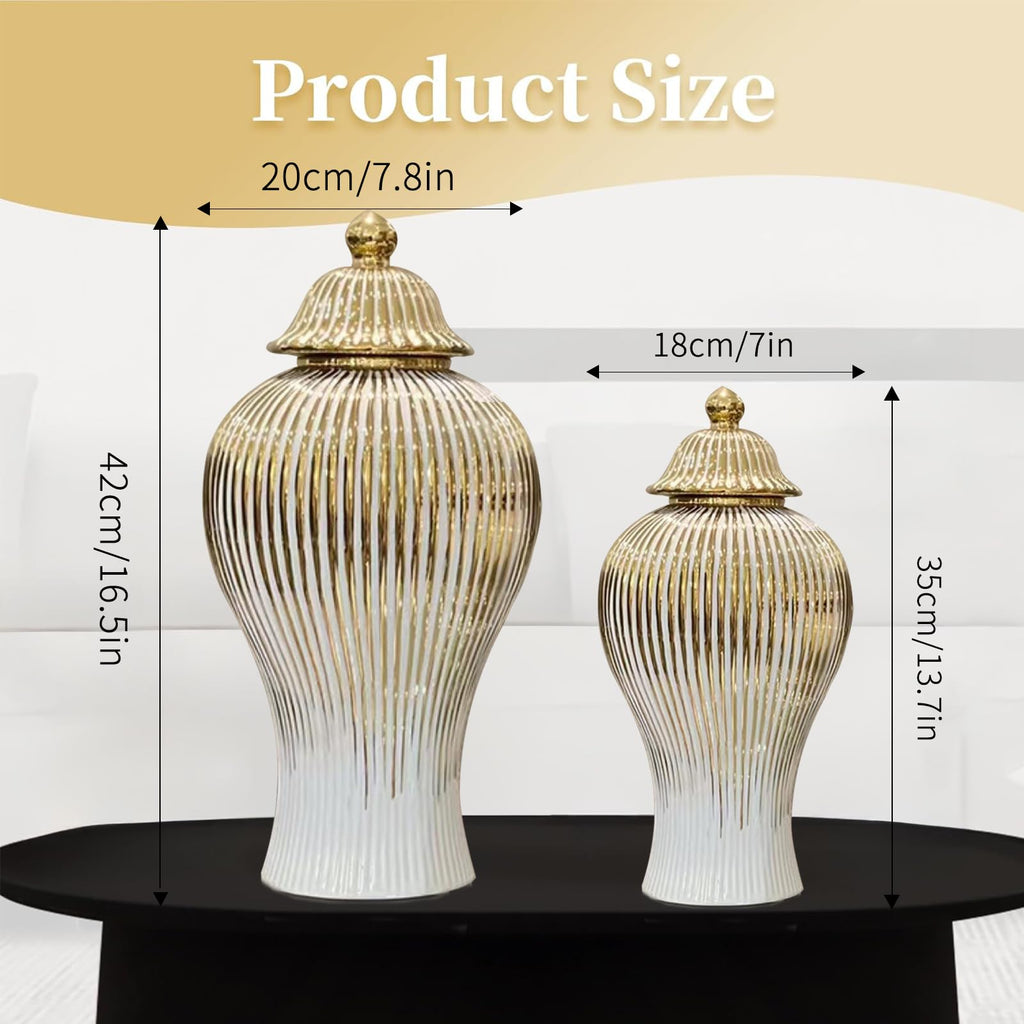 Ginger Jar, White Gold Ceramic Vase Large Handmade Porcelain Vases with Lid, White Gold Decorative Flower Vase for Home, Living Room, Weddings, Centerpieces (18in with Lid)