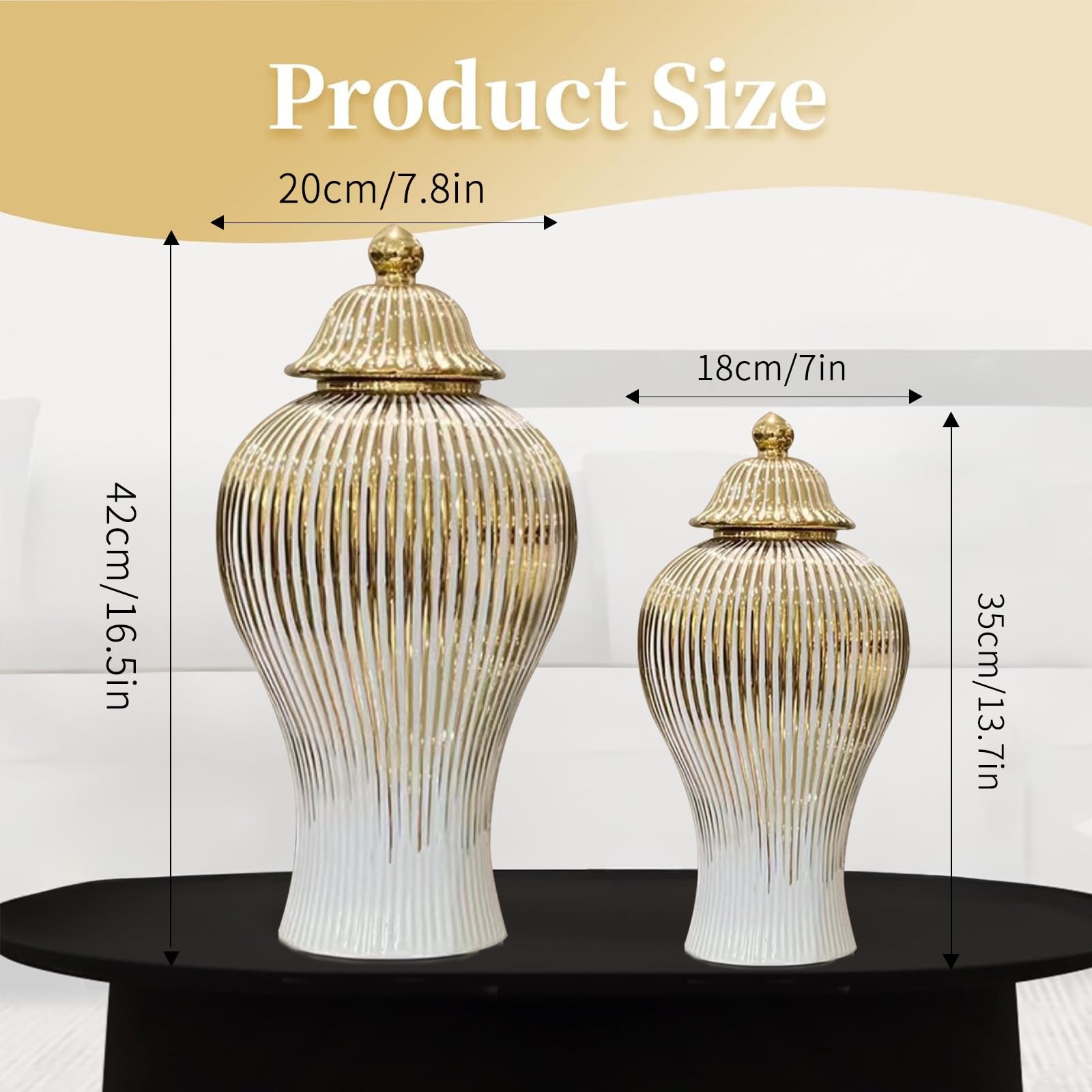 Ginger Jar, White Gold Ceramic Vase Large Handmade Porcelain Vases with Lid, White Gold Decorative Flower Vase for Home, Living Room, Weddings, Centerpieces (18in with Lid)