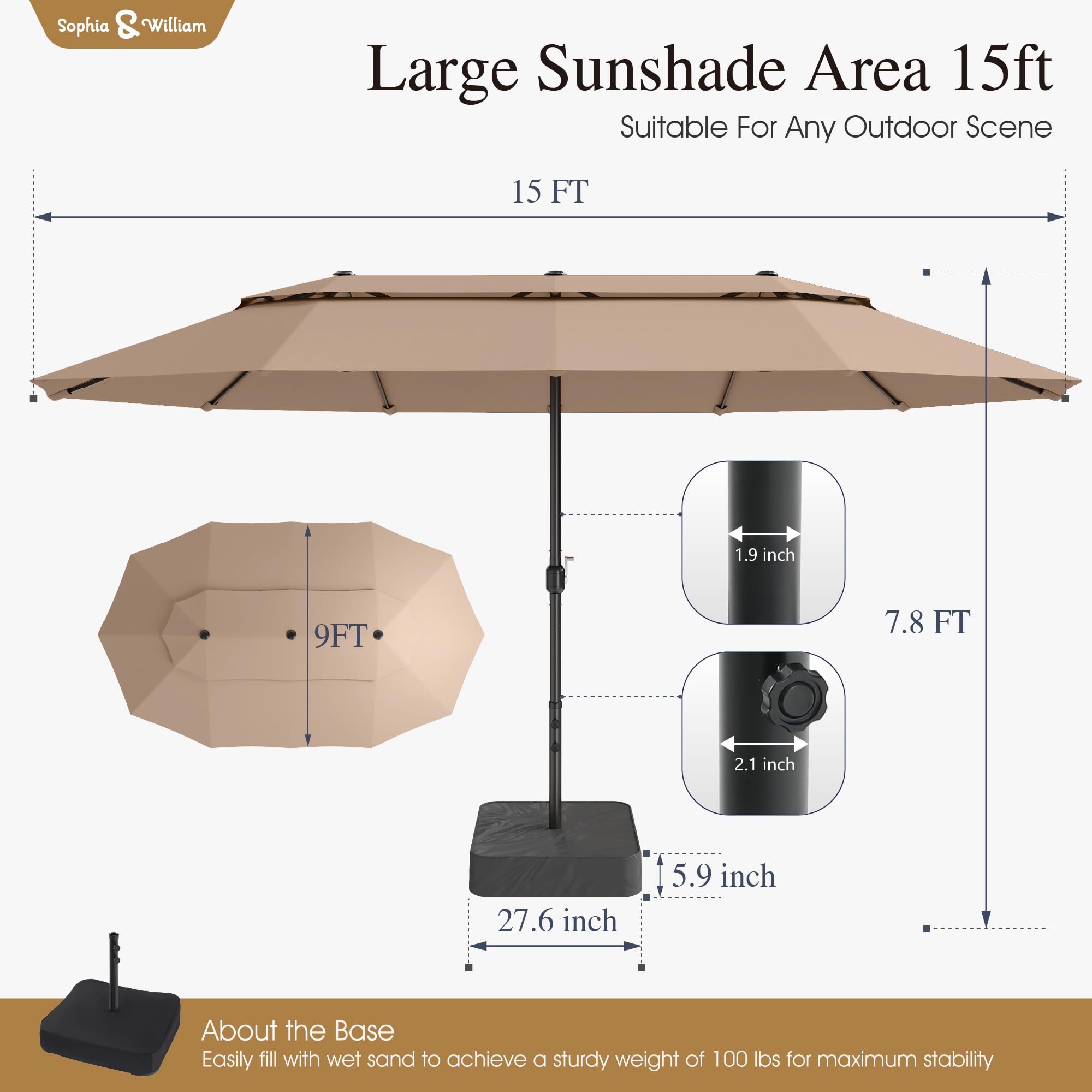 Sophia & William 15 ft Extra Large Patio Umbrella with Base Included, Rectangular Outdoor Umbrella Heavy Duty, Market Umbrella Double-sided Fade Resistant for Pool Garden Backyard, Beige