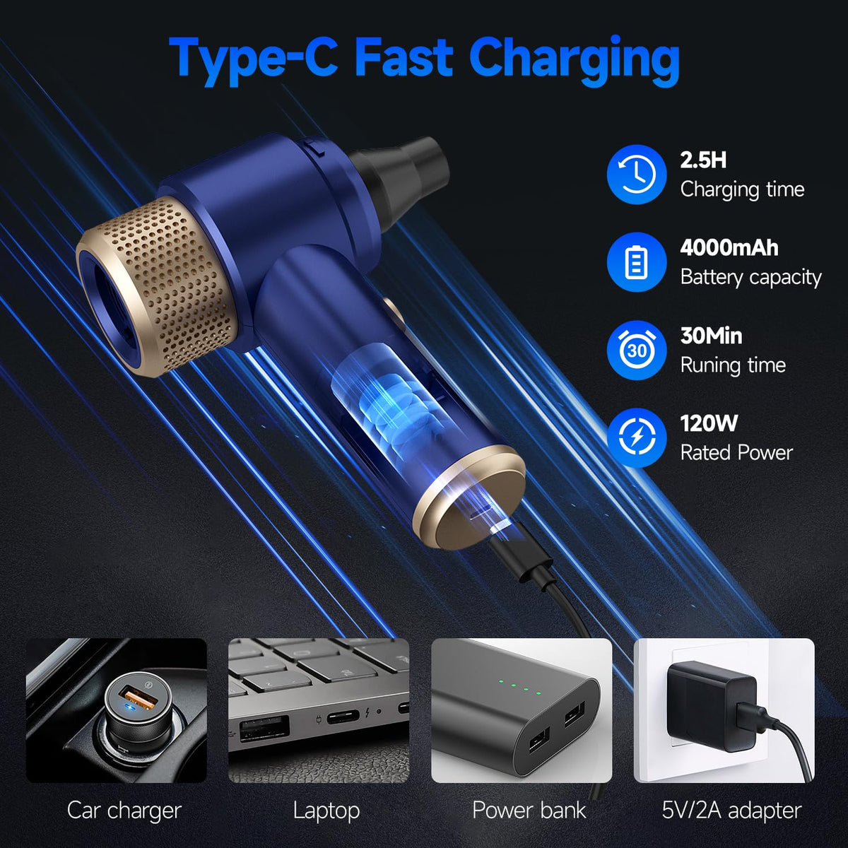 Vizeusvac Car Vacuum Cleaner, 16000PA Mini Car Vacuum Cordless Powerful, 7 in 1 Portable Handheld Vacuum Cordless with LED Light, Dual Filters, One-Touch Empty for Pet Hair, Home, Office