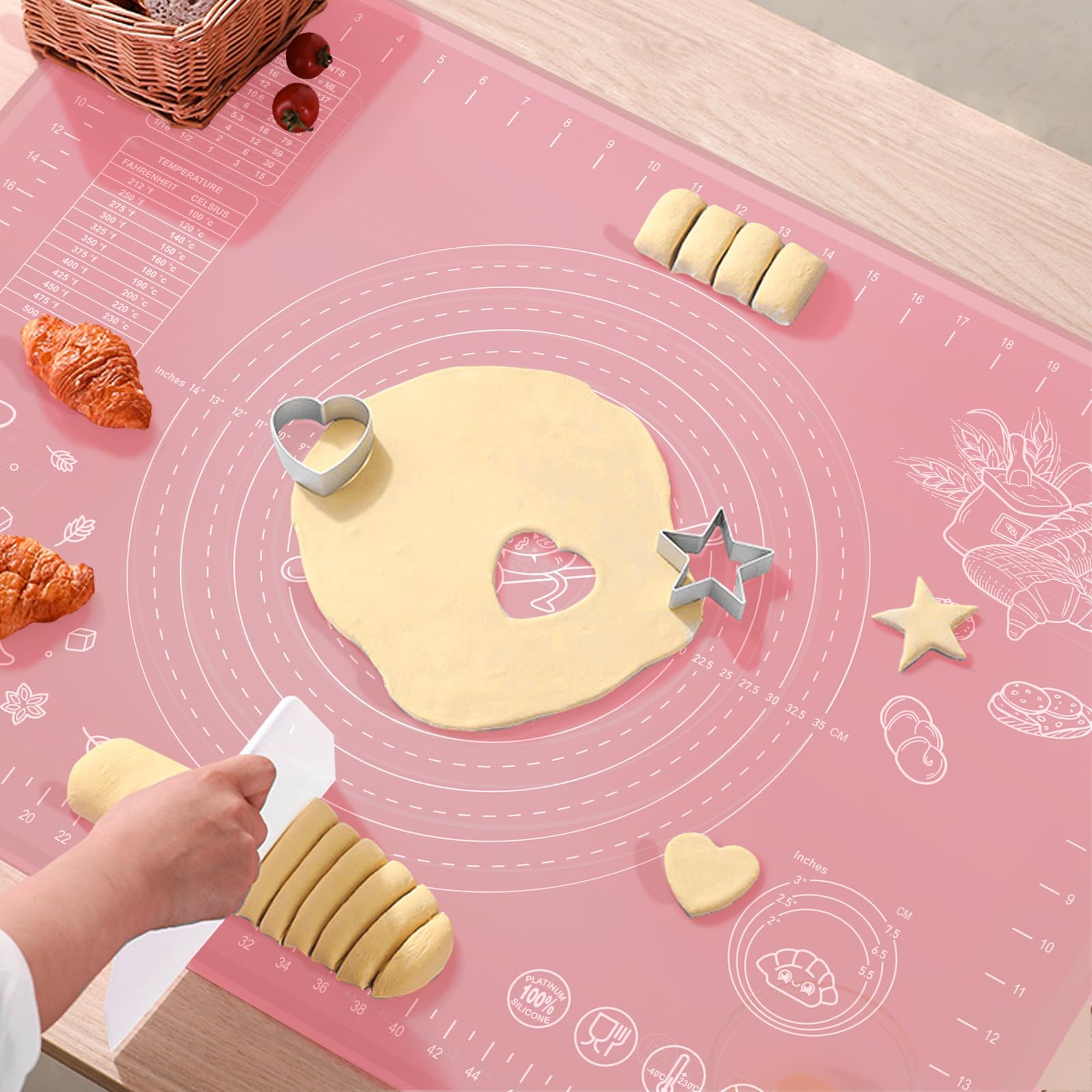 Silicone Baking Mat 24" x 16" Extra Thick Non-stick Pastry Mat with Measurements and Edge Heightening, Food Grade Silicone for Countertop Dough Rolling Making Bread, Cookies, Pizza, Fondant, Pasta
