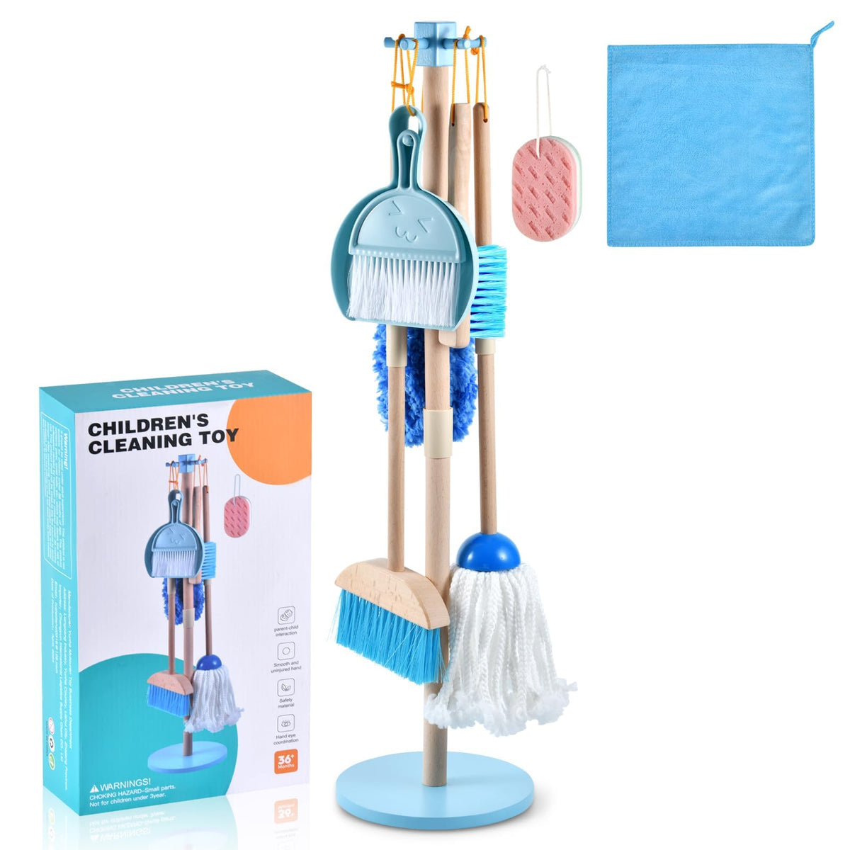 WHOHOLL Wooden Kids Cleaning Toy Set Toddler Broom and Dustpan Set for Housekeeping 9 Pcs Broom and Mop Set for Toddlers 3-6, Cleaning Toys with Sponge, Christmas Birthday Gifts for Boys Girls