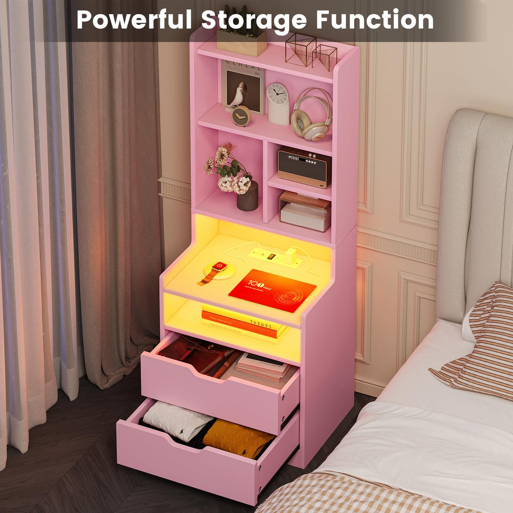 BTHFST Tall Nightstand with LED Lights and Charging Station, LED Black Nightstand with Shelves and 2 Drawers, Bedside Table with Bookshelf, Tall Side End Table with Storage