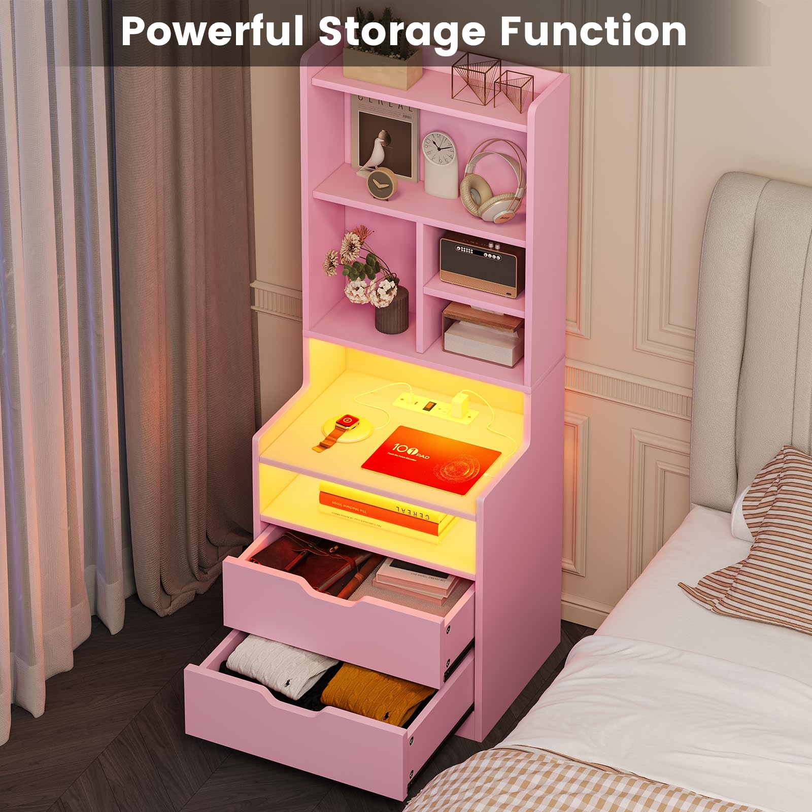 BTHFST Tall Nightstand with LED Lights and Charging Station, LED Black Nightstand with Shelves and 2 Drawers, Bedside Table with Bookshelf, Tall Side End Table with Storage