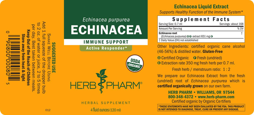 Herb Pharm Echinacea Alcohol-Free Extract: Immune System Support for All Seasons | Fast-Absorbing Echinacea Root Organic Supplement | Non-GMO, Vegan & Gluten-Free | Glycerite Liquid | 1 oz
