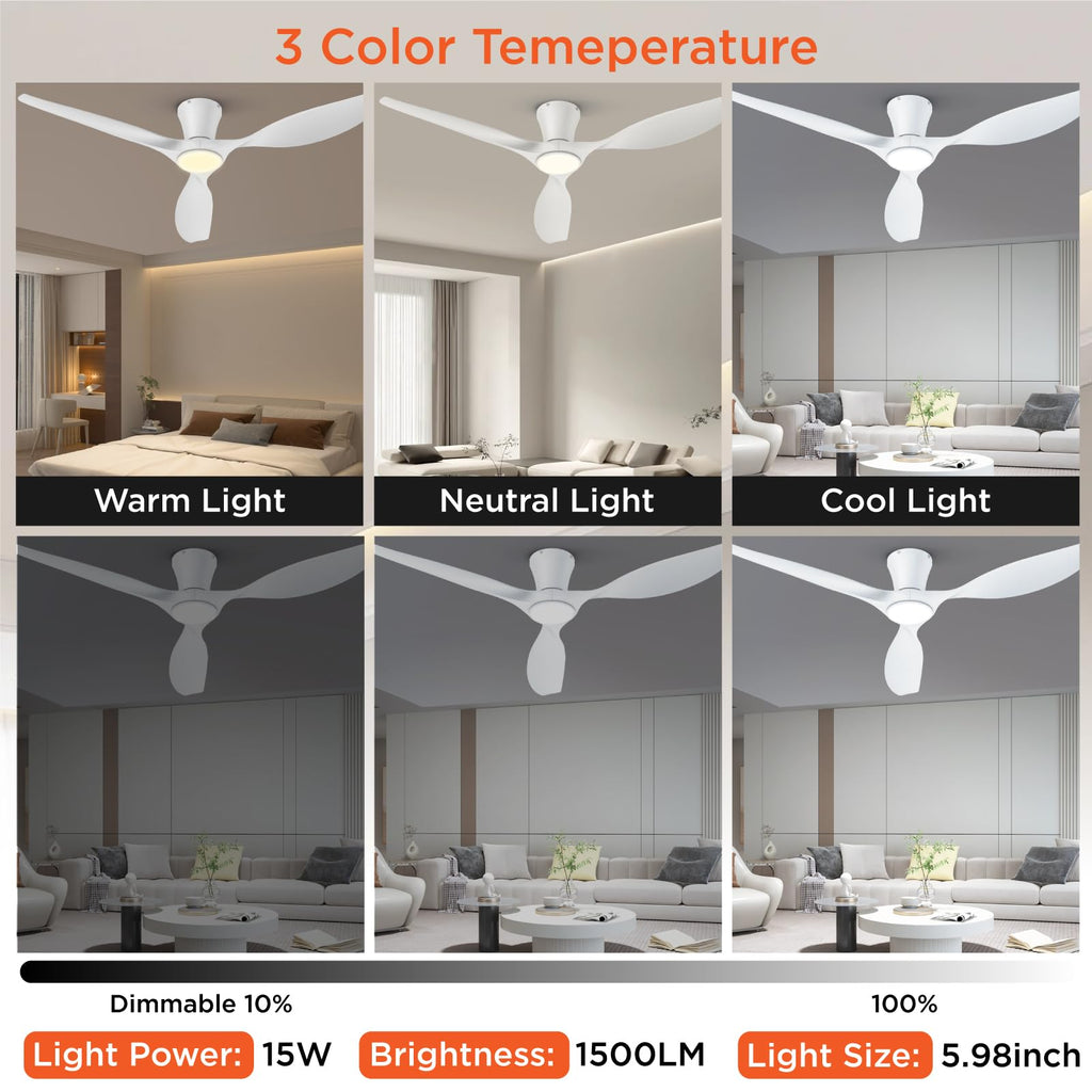 TALOYA Ceiling Fans with Lights,42 inch Modern Low Profile Ceiling Fan with Light and Remote Control, Flush Mount, 3CCT, White Ceiling Fan for Bedroom Living Room and Patio
